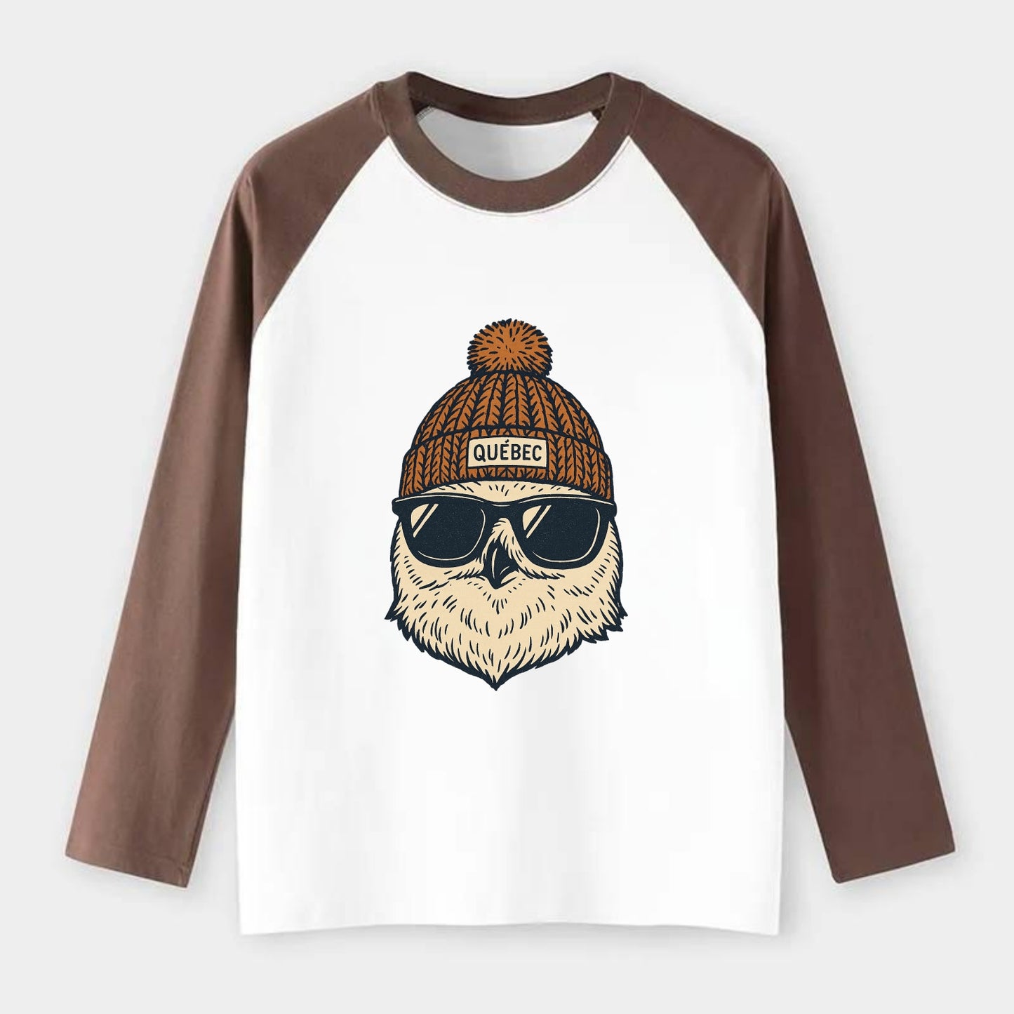 Quebec City Snowy Owl wearing Quebec beanie with pom pom and wayfarer - Raglan Long Sleeve T-Shirt - Coffee