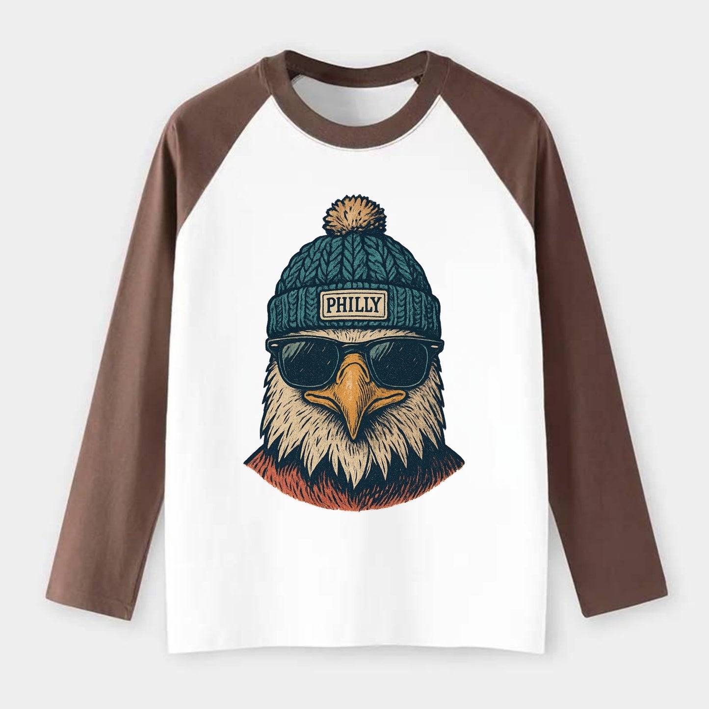 Philadelphia Eagle wearing Philly beanie with pom pom and wayfarer - Raglan Long Sleeve T-Shirt - Coffee