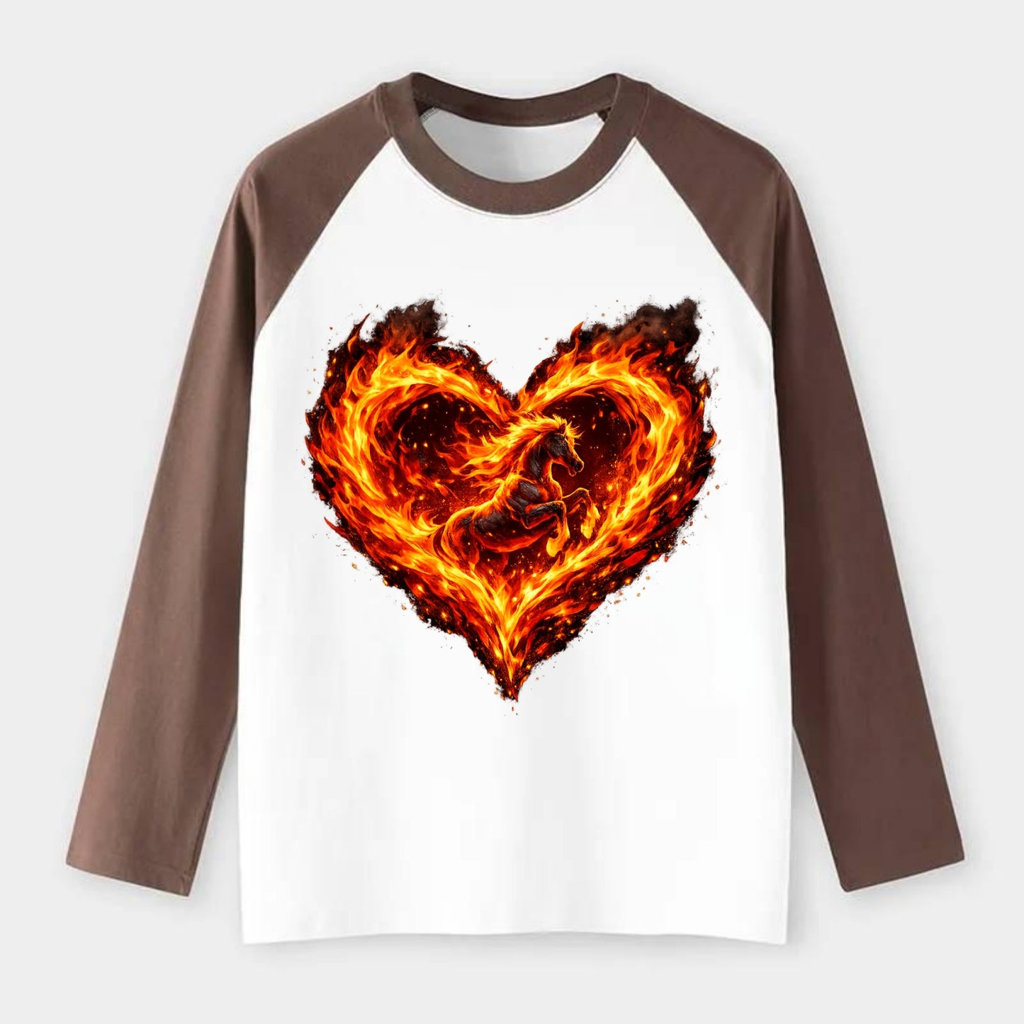 HEART OF FIRE | Flaming heart with horse silhouette inside | Passion - Raglan Long Sleeve T-Shirt - Coffee