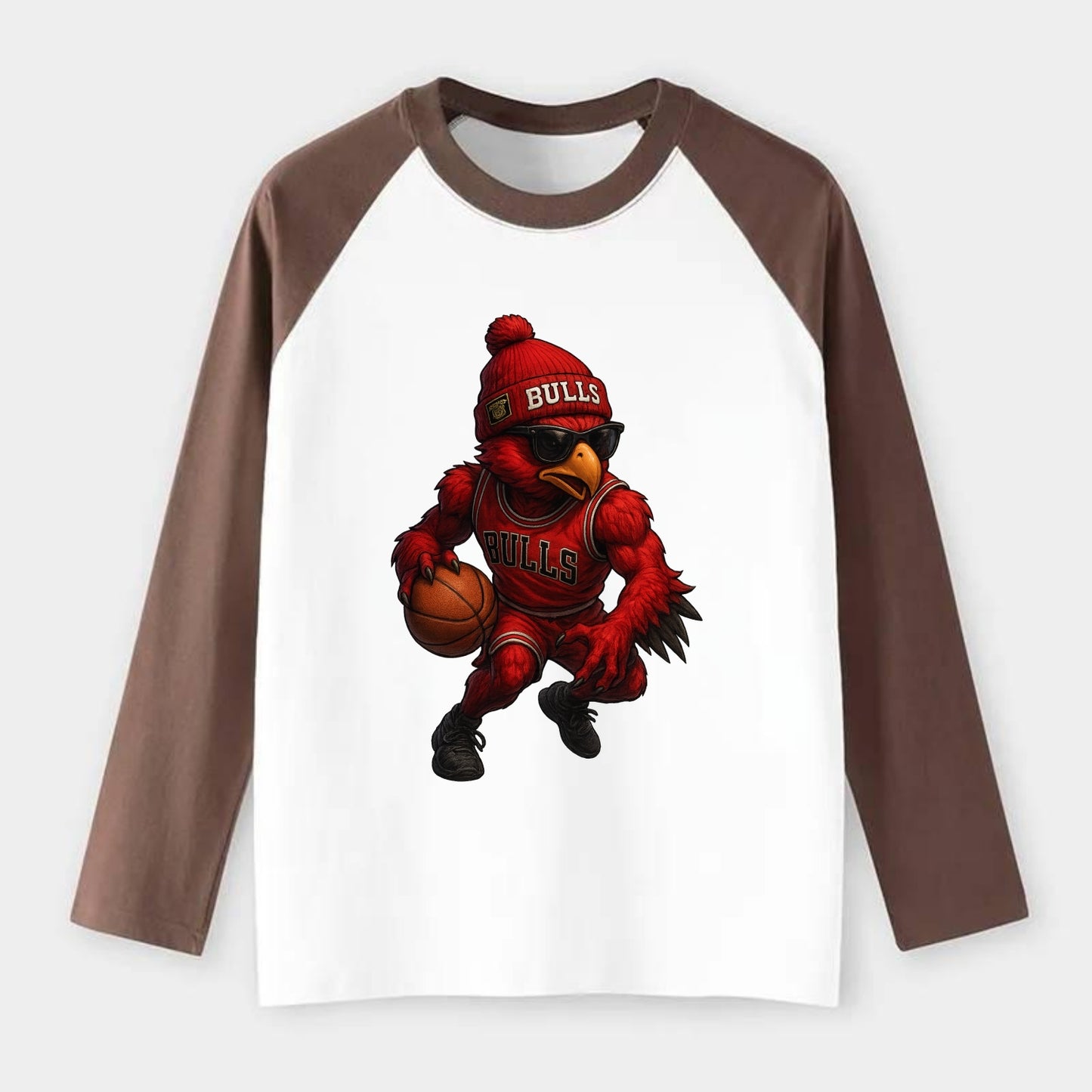 Windy City Hawk wearing Bulls beanie with six rings patch and wayfarer - Raglan Long Sleeve T-Shirt - Coffee