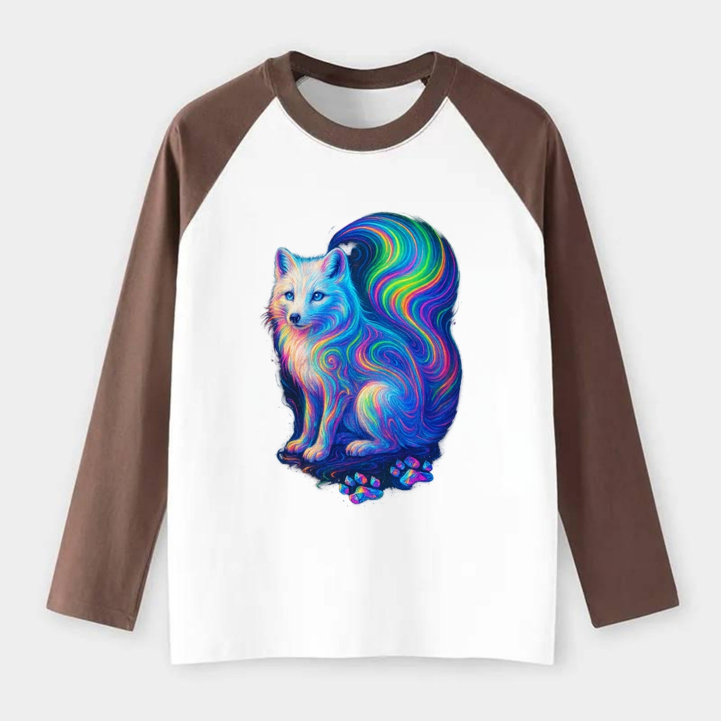 Graceful arctic fox with tail streaming aurora colors, white fur with - Raglan Long Sleeve T-Shirt - Coffee