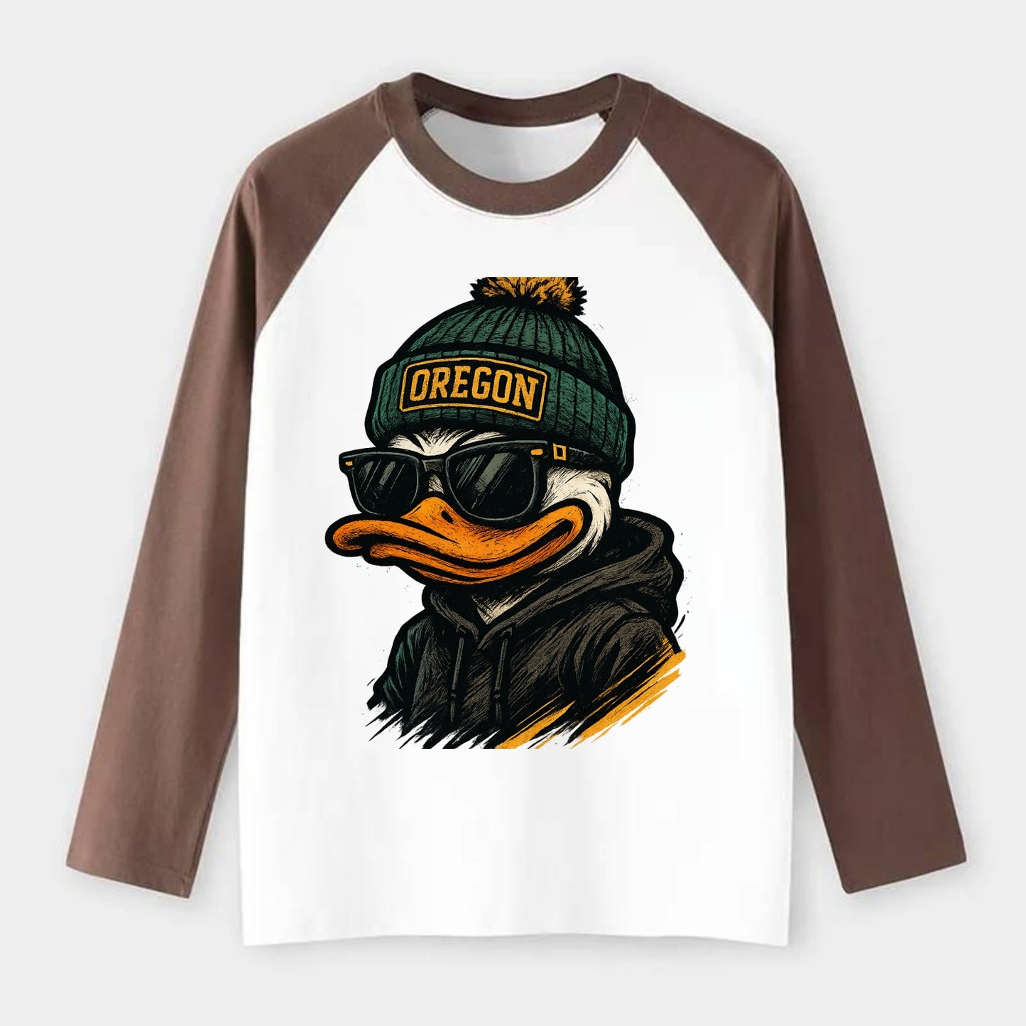 Eugene Duck wearing Oregon beanie with O patch - Raglan Long Sleeve T-Shirt - Coffee