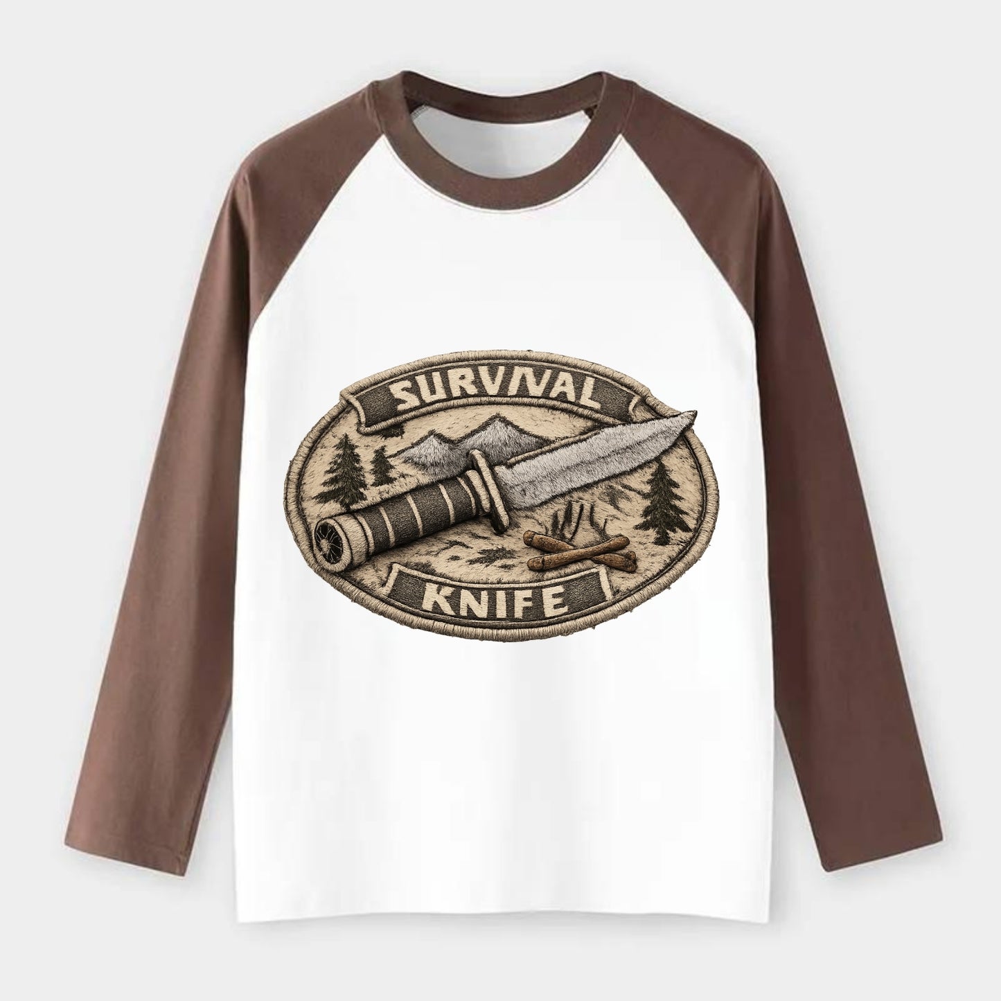 SURVIVAL KNIFE - fixed blade with compass in silver and black , - Raglan Long Sleeve T-Shirt - Coffee