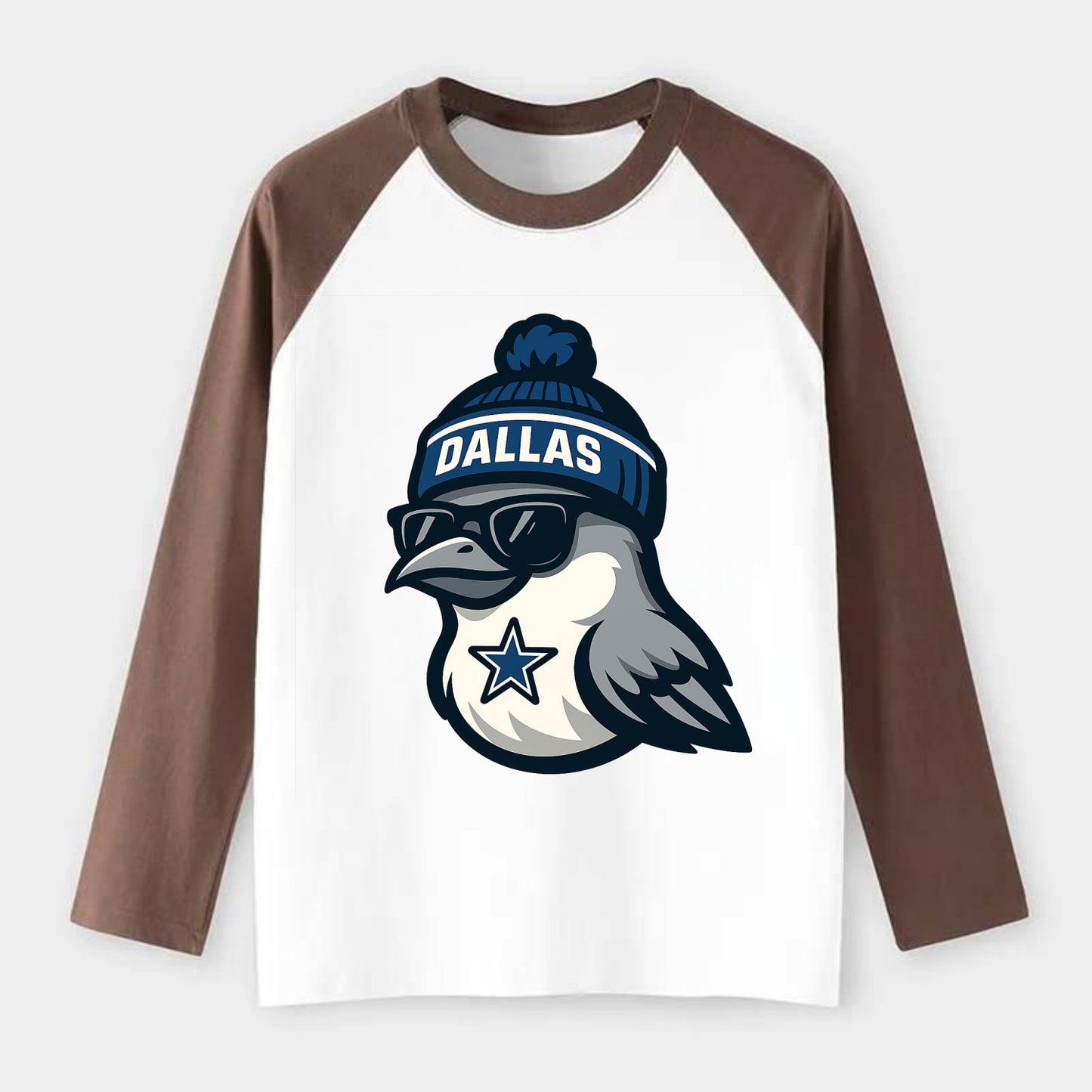 Dallas Mockingbird wearing Cowboys beanie with sheriff star and - Raglan Long Sleeve T-Shirt - Coffee