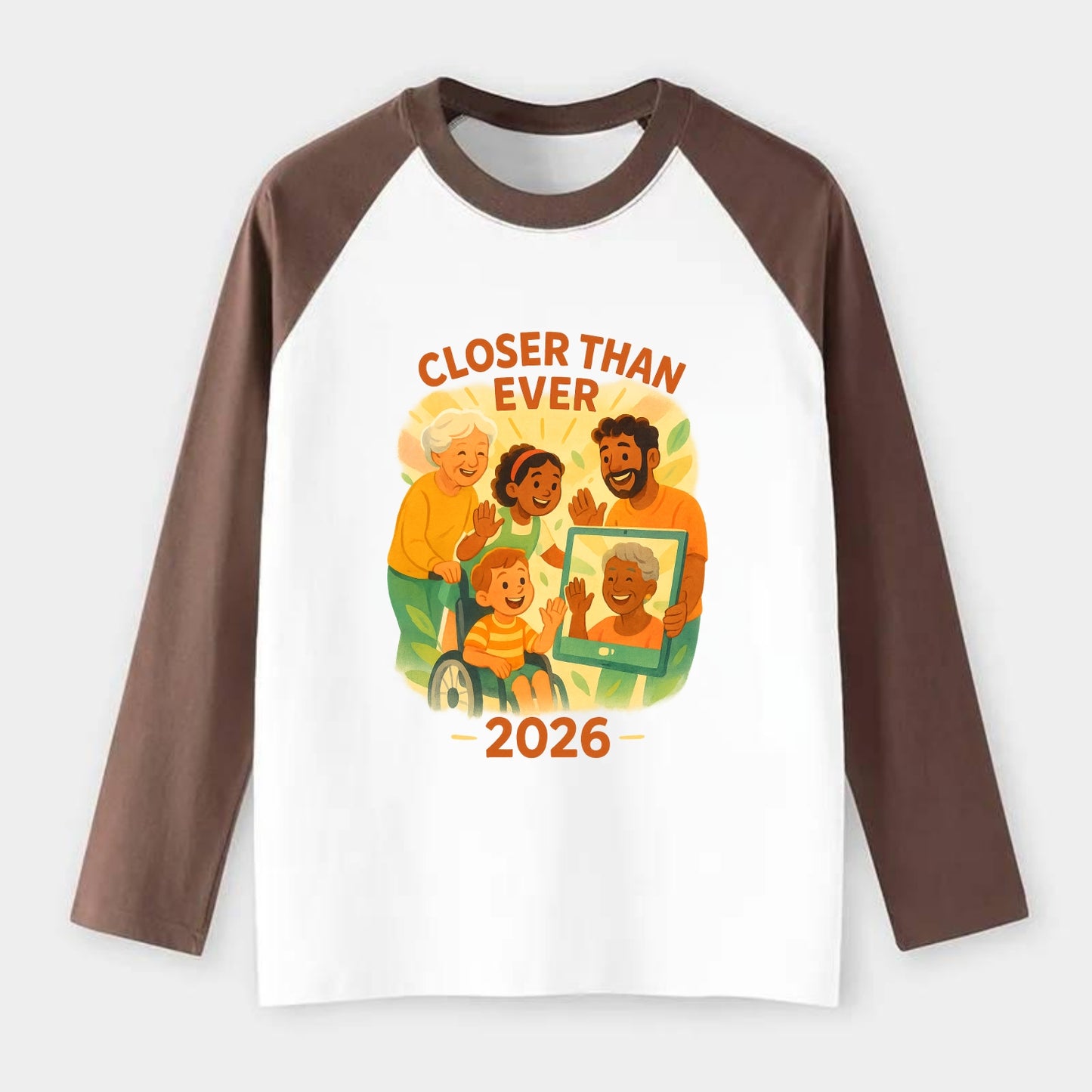 Technology bringing distant families together - "Closer Than Ever" - - Raglan Long Sleeve T-Shirt - Coffee