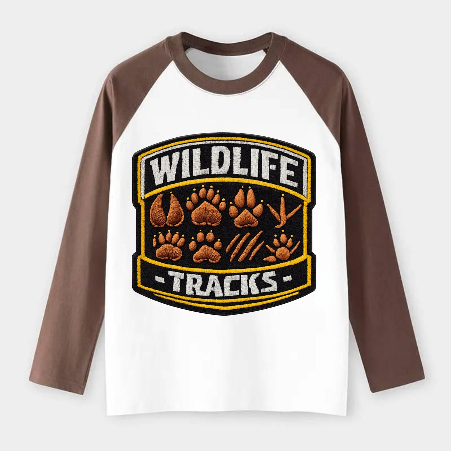 WILDLIFE TRACKS - animal footprints in brown , tracker - Raglan Long Sleeve T-Shirt - Coffee