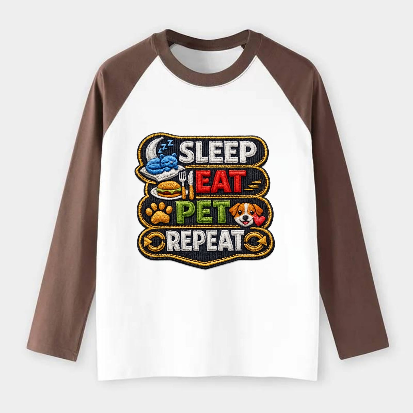 SLEEP EAT PET REPEAT - daily routine icons in multicolor , pet life - Raglan Long Sleeve T-Shirt - Coffee