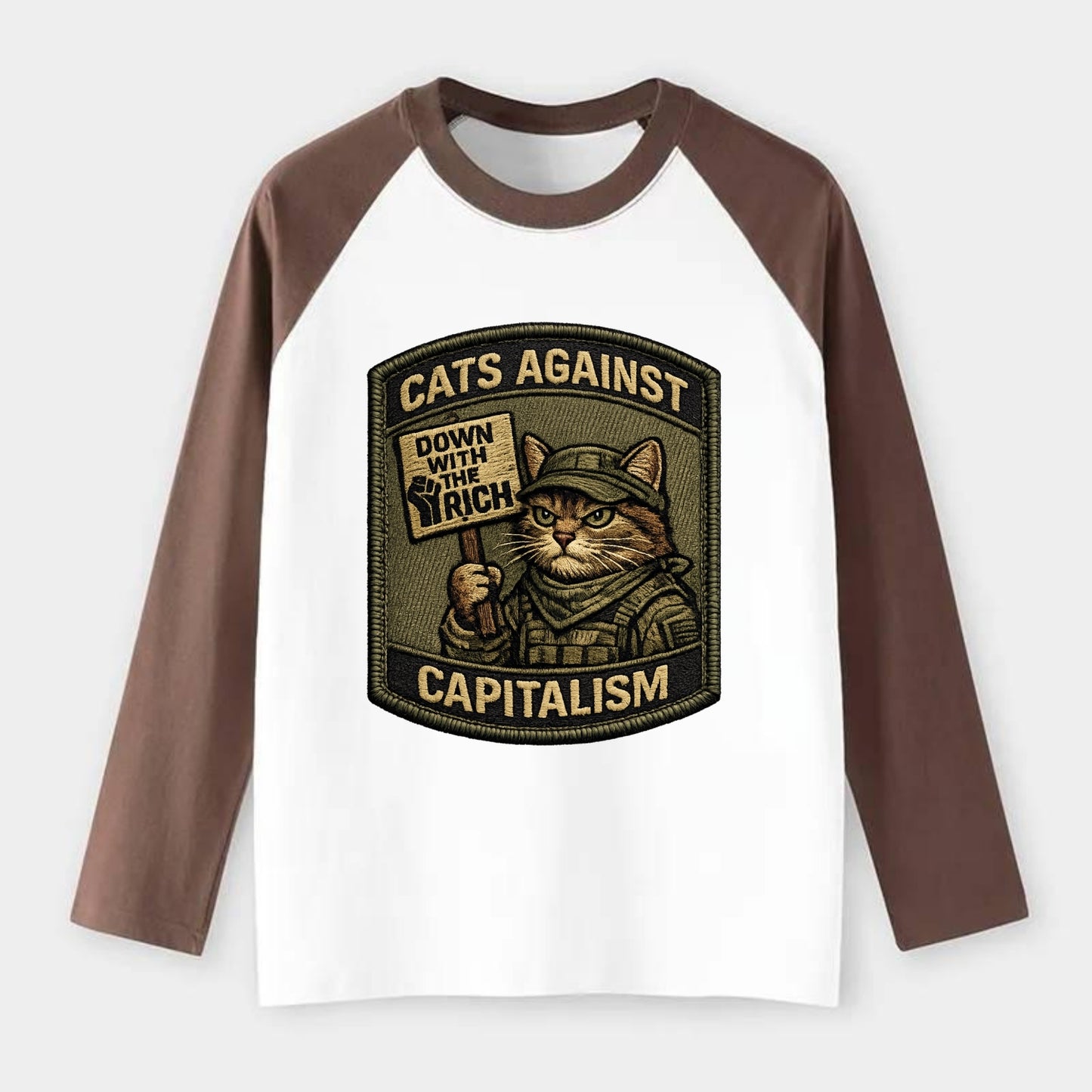 CATS AGAINST CAPITALISM - cat with protest sign in red , political cat - Raglan Long Sleeve T-Shirt - Coffee