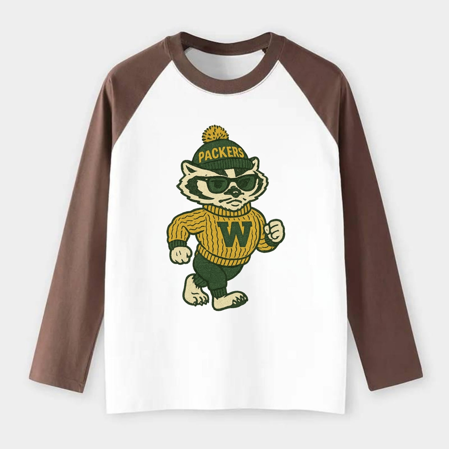 Wisconsin Badger wearing Packers green and gold beanie with pom pom - Raglan Long Sleeve T-Shirt - Coffee