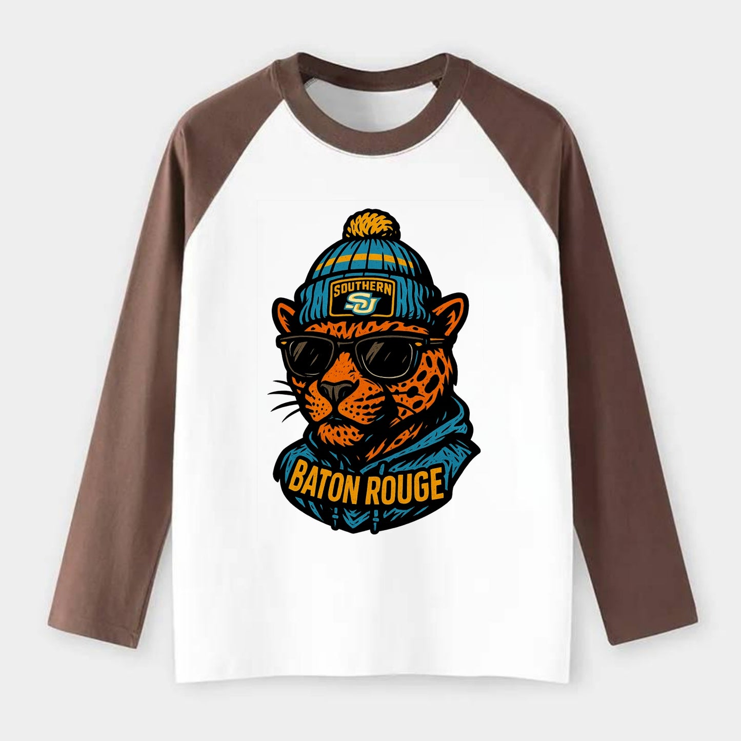 Baton Rouge Jaguar wearing Southern beanie with SU patch - Raglan Long Sleeve T-Shirt - Coffee