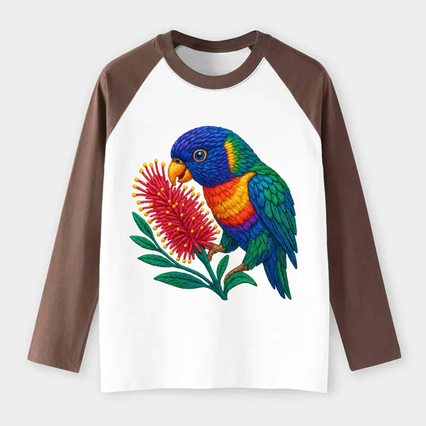 Rainbow Lorikeet Bottlebrush - Raglan Long Sleeve T-Shirt - Coffee