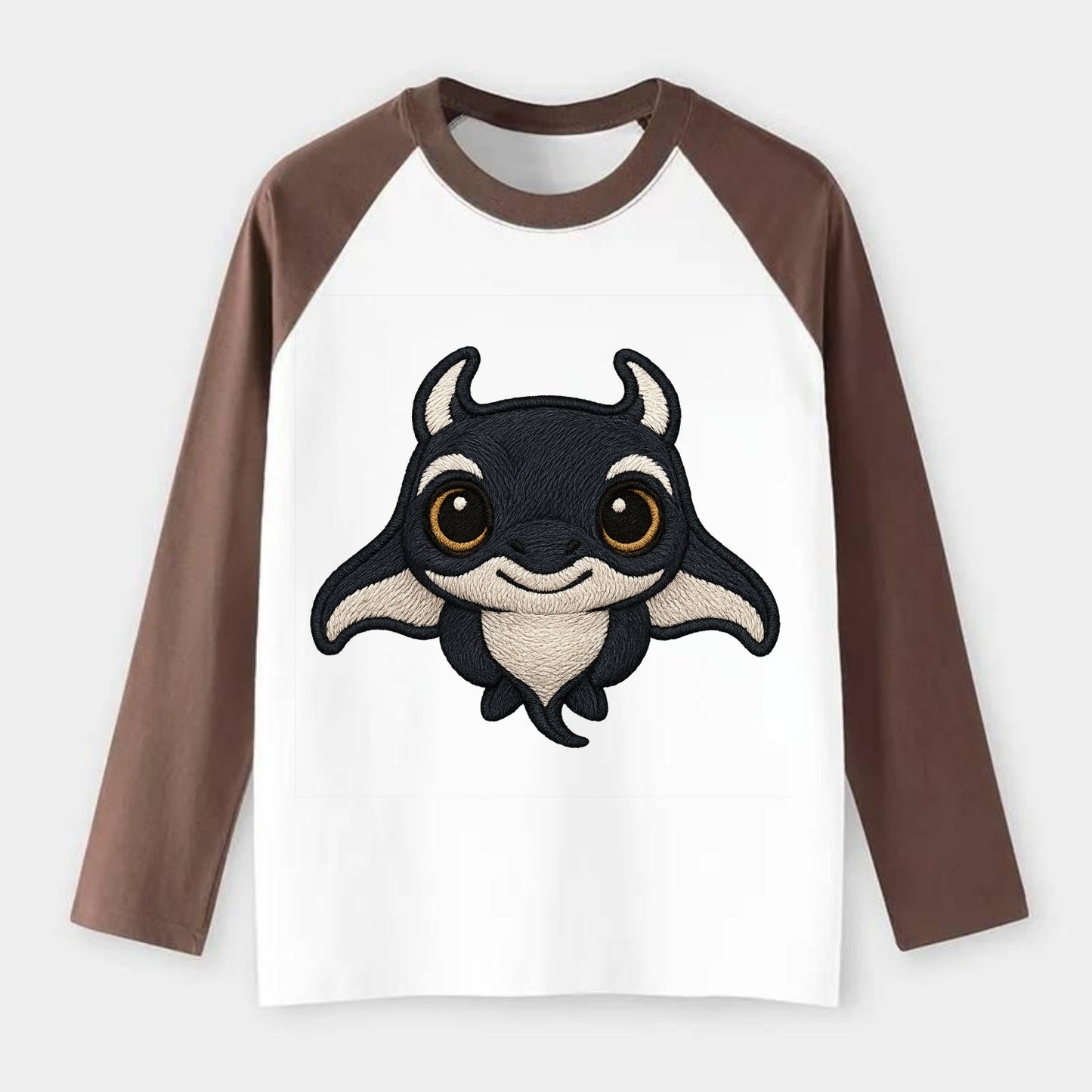 Baby Manta Ray - dark with white markings, cephalic fins, gentle eyes, - Raglan Long Sleeve T-Shirt - Coffee