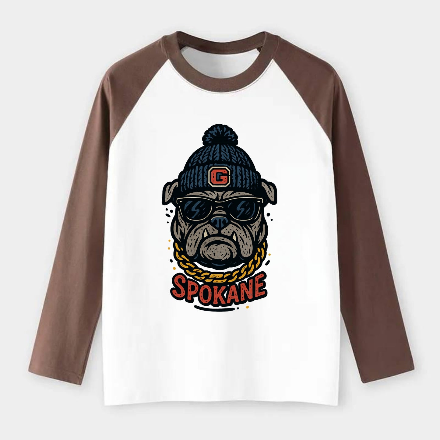 Spokane Bulldog wearing Gonzaga beanie with G patch - Raglan Long Sleeve T-Shirt - Coffee