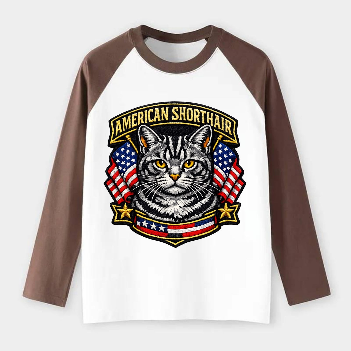 AMERICAN SHORTHAIR - classic american cat in silver tabby , - Raglan Long Sleeve T-Shirt - Coffee