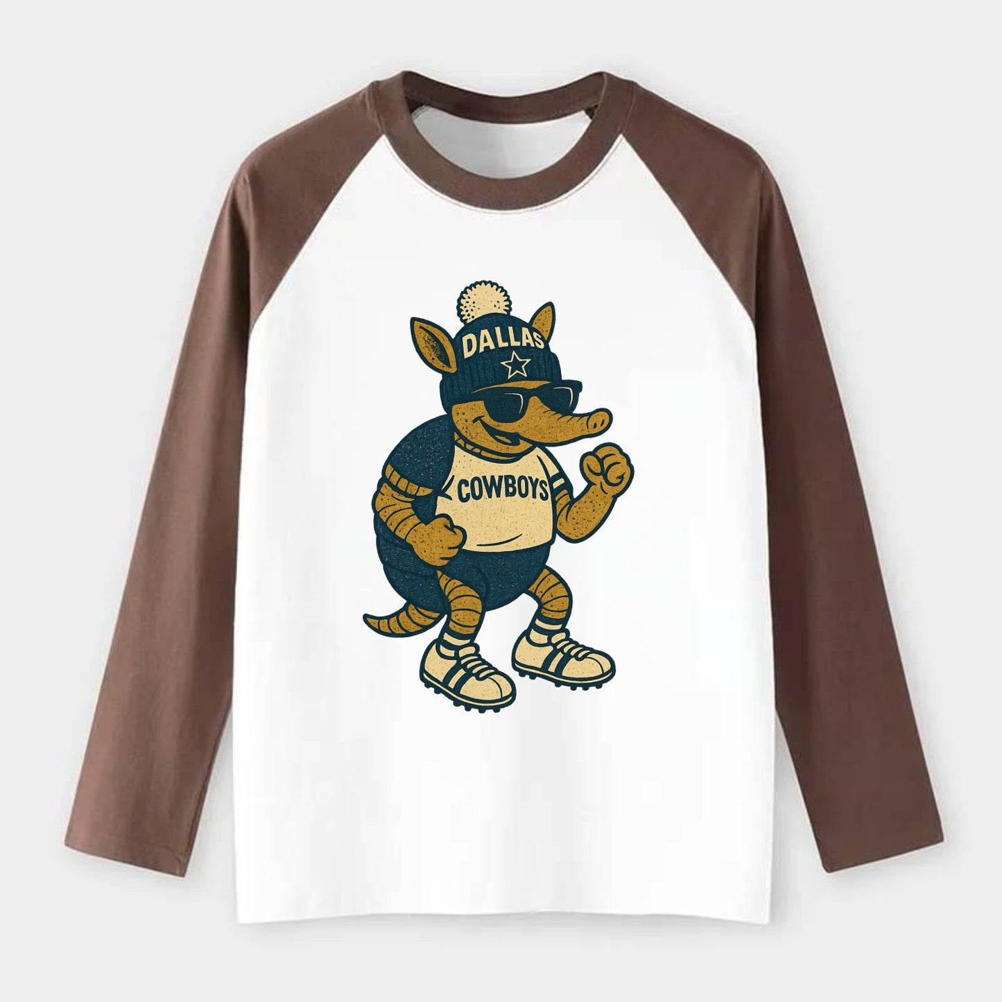 Dallas Armadillo wearing Cowboys beanie with lone star patch and - Raglan Long Sleeve T-Shirt - Coffee