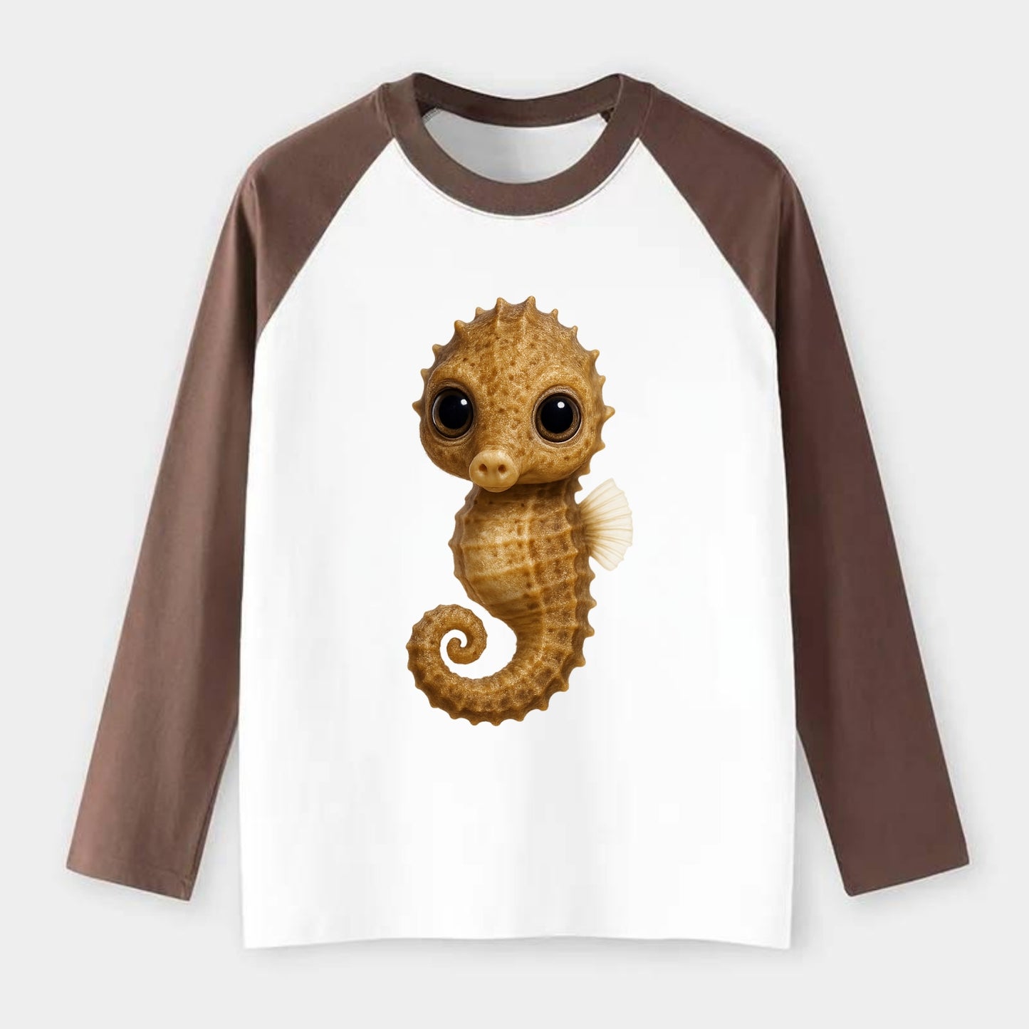 Baby Seahorse - curled tail, snout, large eyes, front-facing, delicate - Raglan Long Sleeve T-Shirt - Coffee