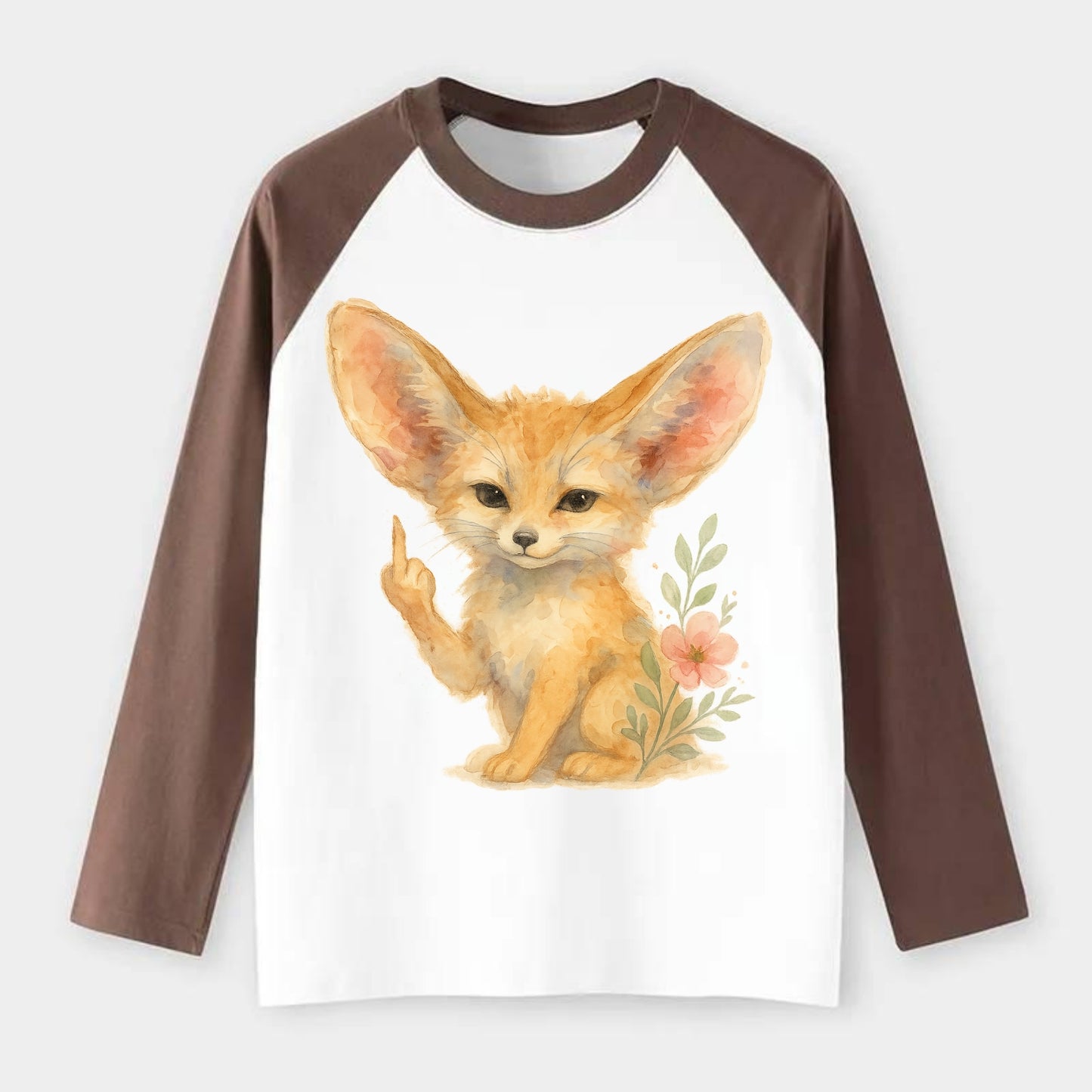 tiny fennec fox with oversized ears, one small paw raised in sass - Raglan Long Sleeve T-Shirt - Coffee