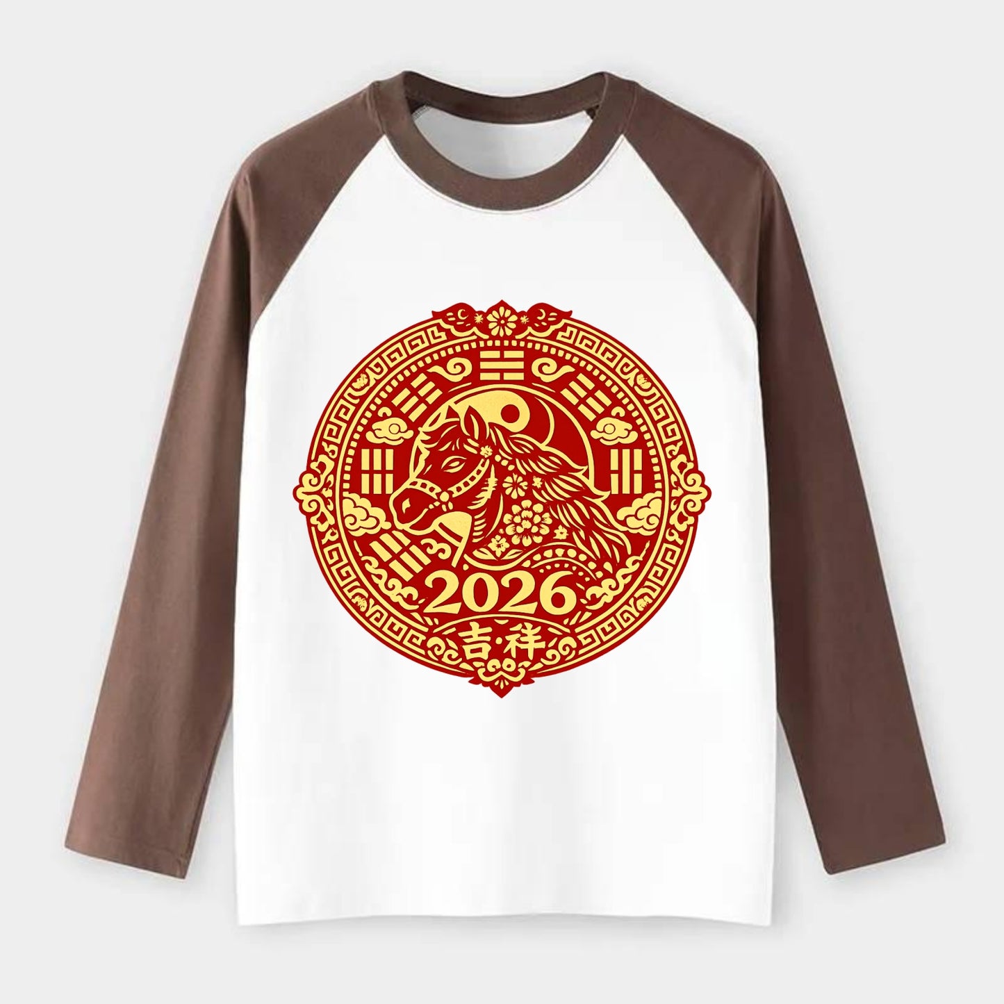 LUCKY HORSE MEDALLION | Circular medallion with horse profile | - Raglan Long Sleeve T-Shirt - Coffee