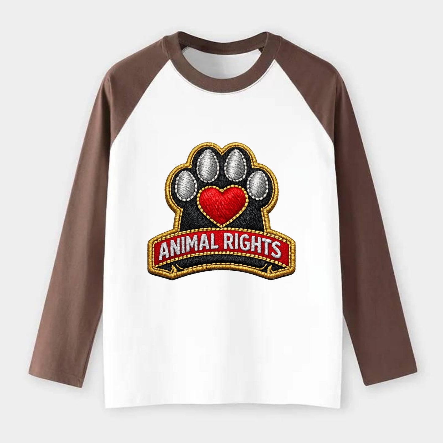 ANIMAL RIGHTS - raised paw with heart in red , advocacy - Raglan Long Sleeve T-Shirt - Coffee