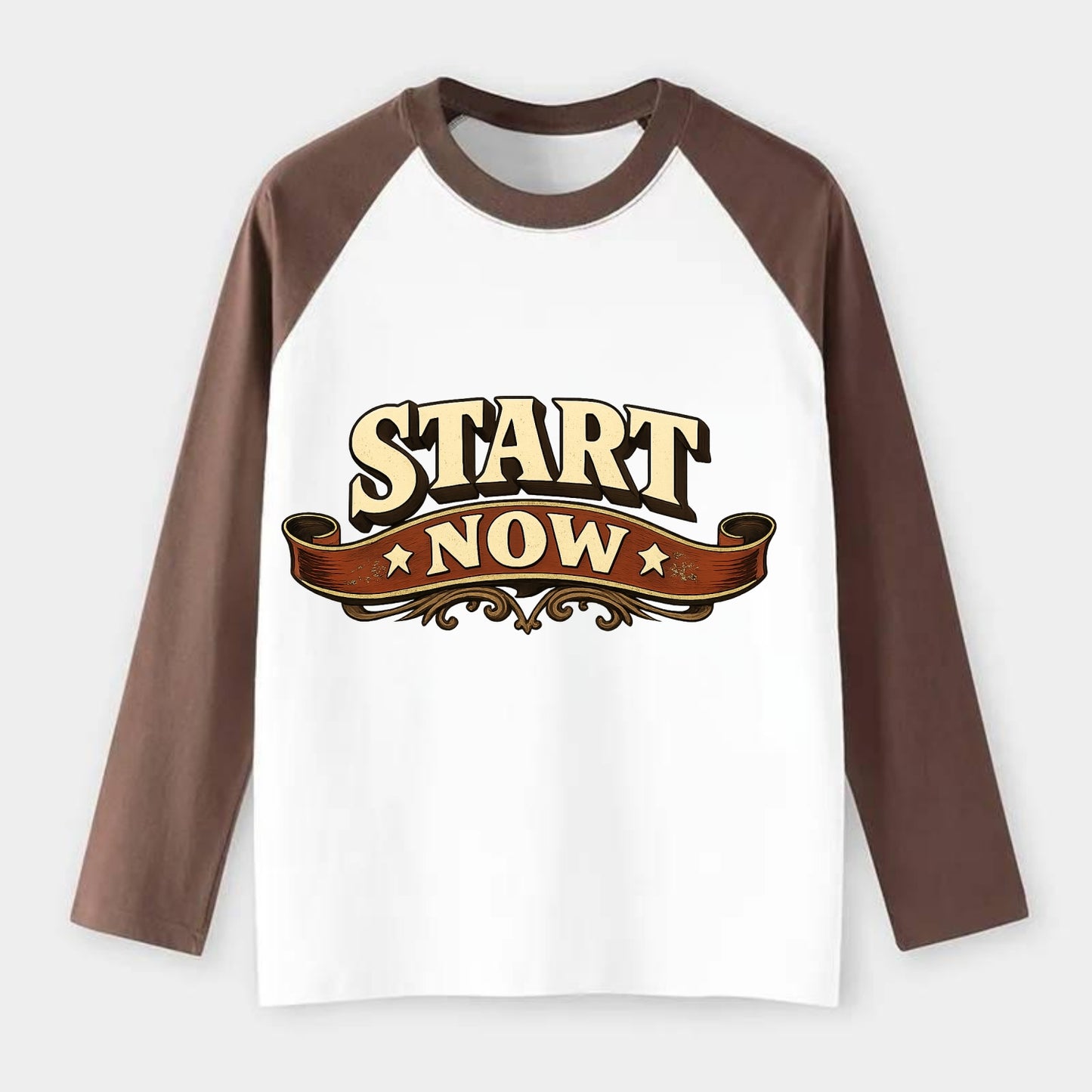 Bold typography design - "START NOW" - begin immediately, no delay - Raglan Long Sleeve T-Shirt - Coffee