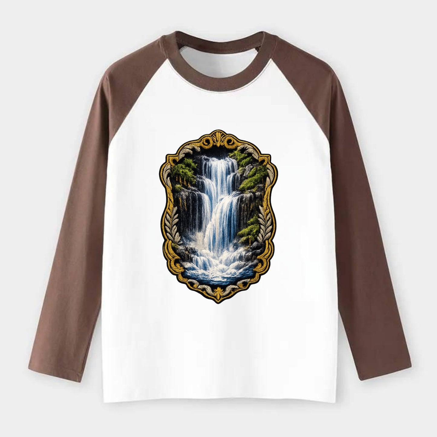 WATERFALL CASCADE - falling water with mist in blue and white , nature - Raglan Long Sleeve T-Shirt - Coffee