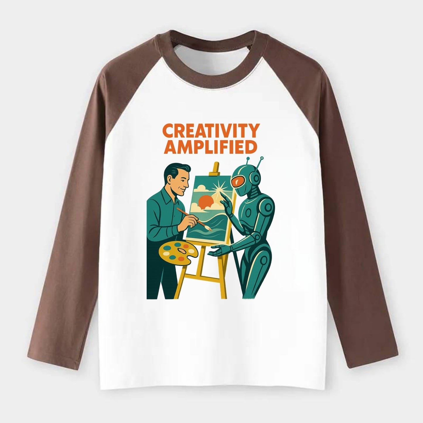 Artist and AI creating beautiful masterpiece together - "Creativity - Raglan Long Sleeve T-Shirt - Coffee