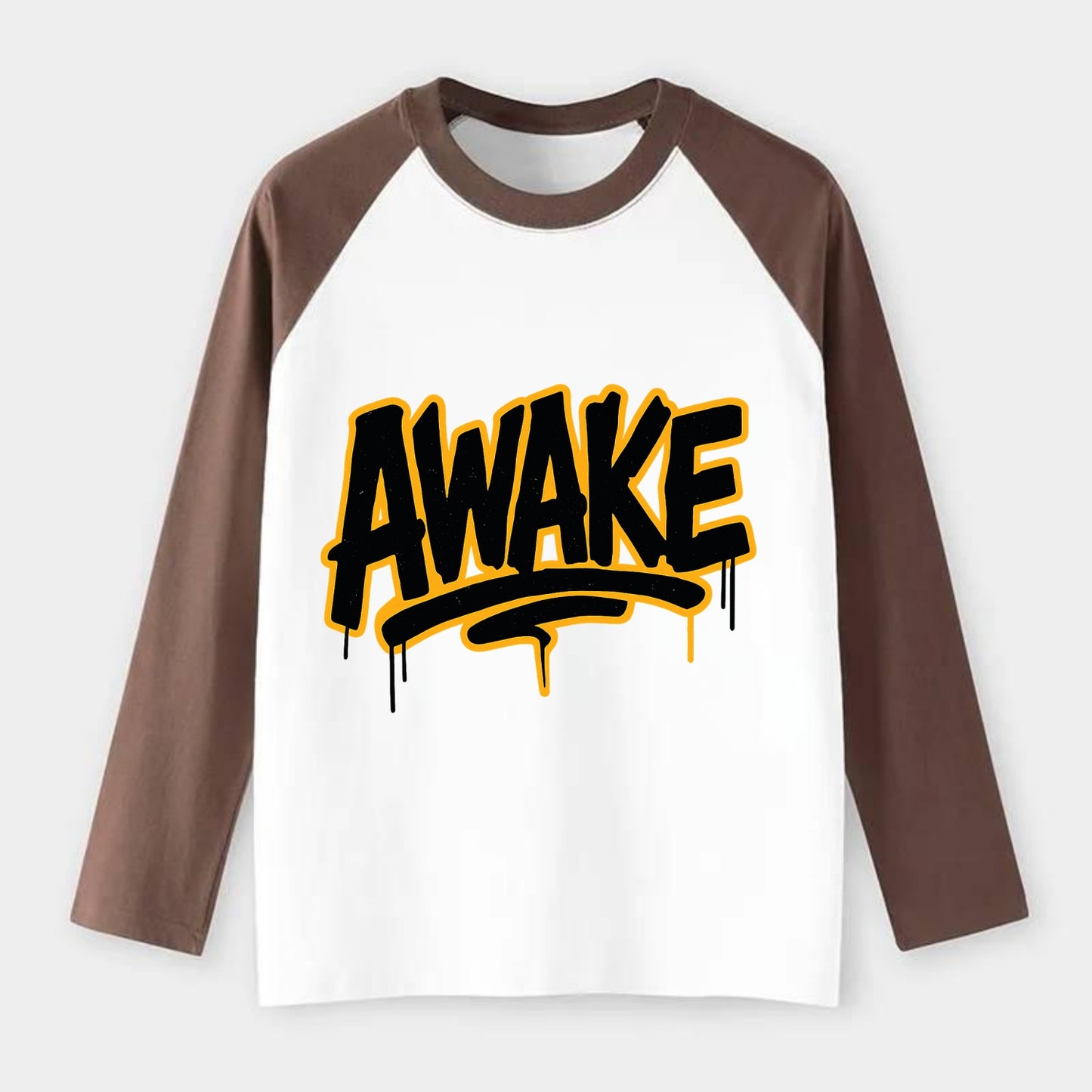 Bold typography design - "AWAKE" - conscious, aware, alert - Raglan Long Sleeve T-Shirt - Coffee