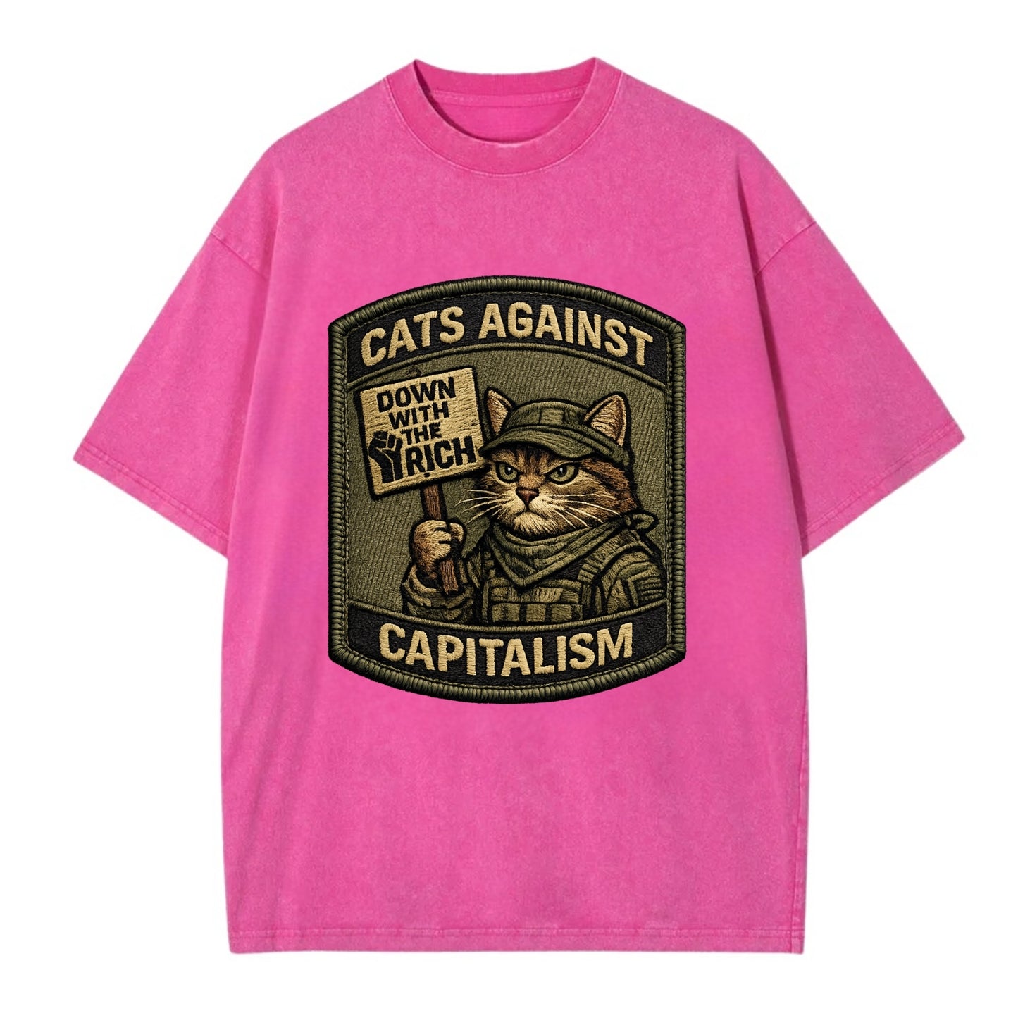 CATS AGAINST CAPITALISM - cat with protest sign in red , political cat - Vintage T-shirt - Dusty Rose(Rose)