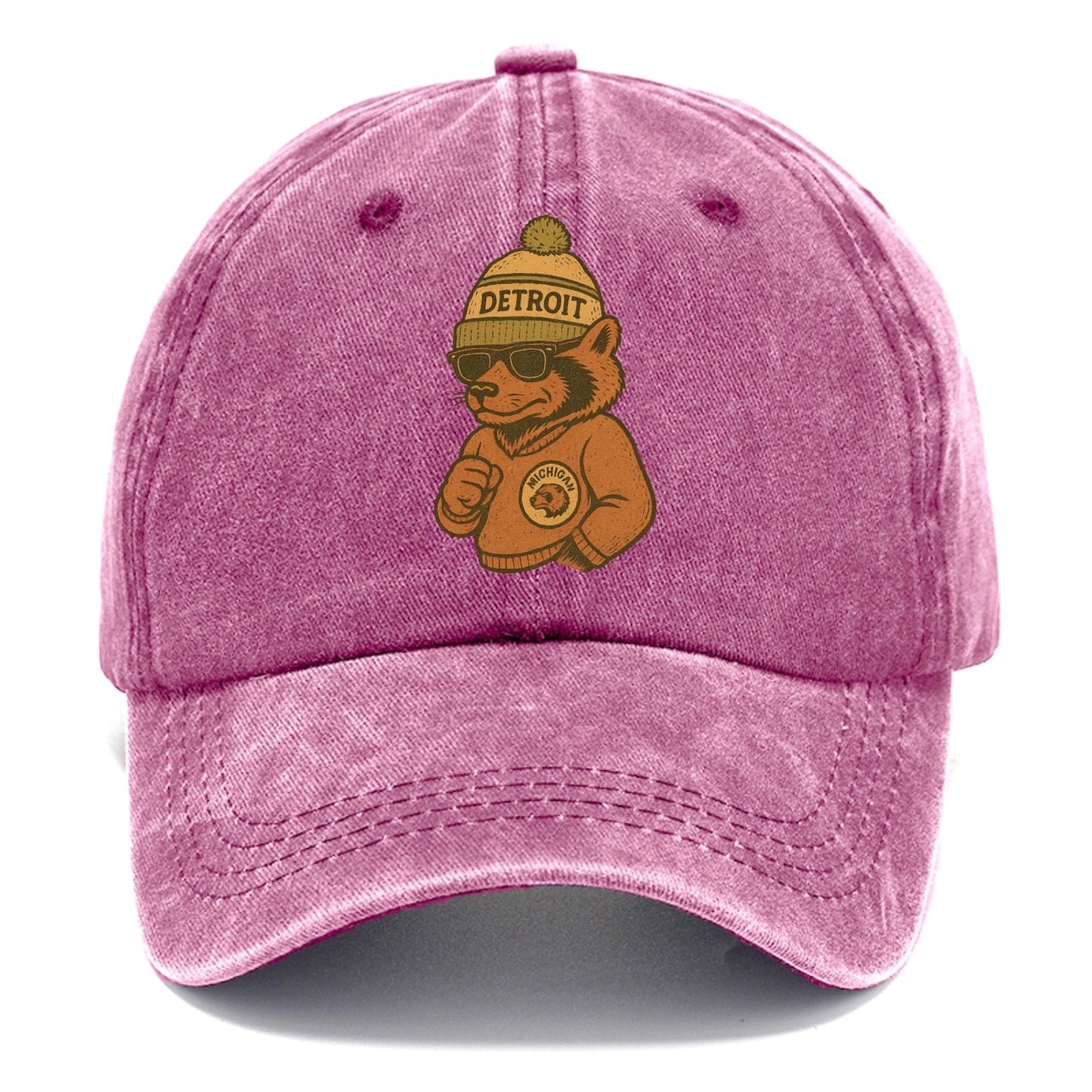 Michigan Wolverine wearing Detroit beanie with pom pom and wayfarer sunglasses - Classic Cap - Dusty Rose(Rose)