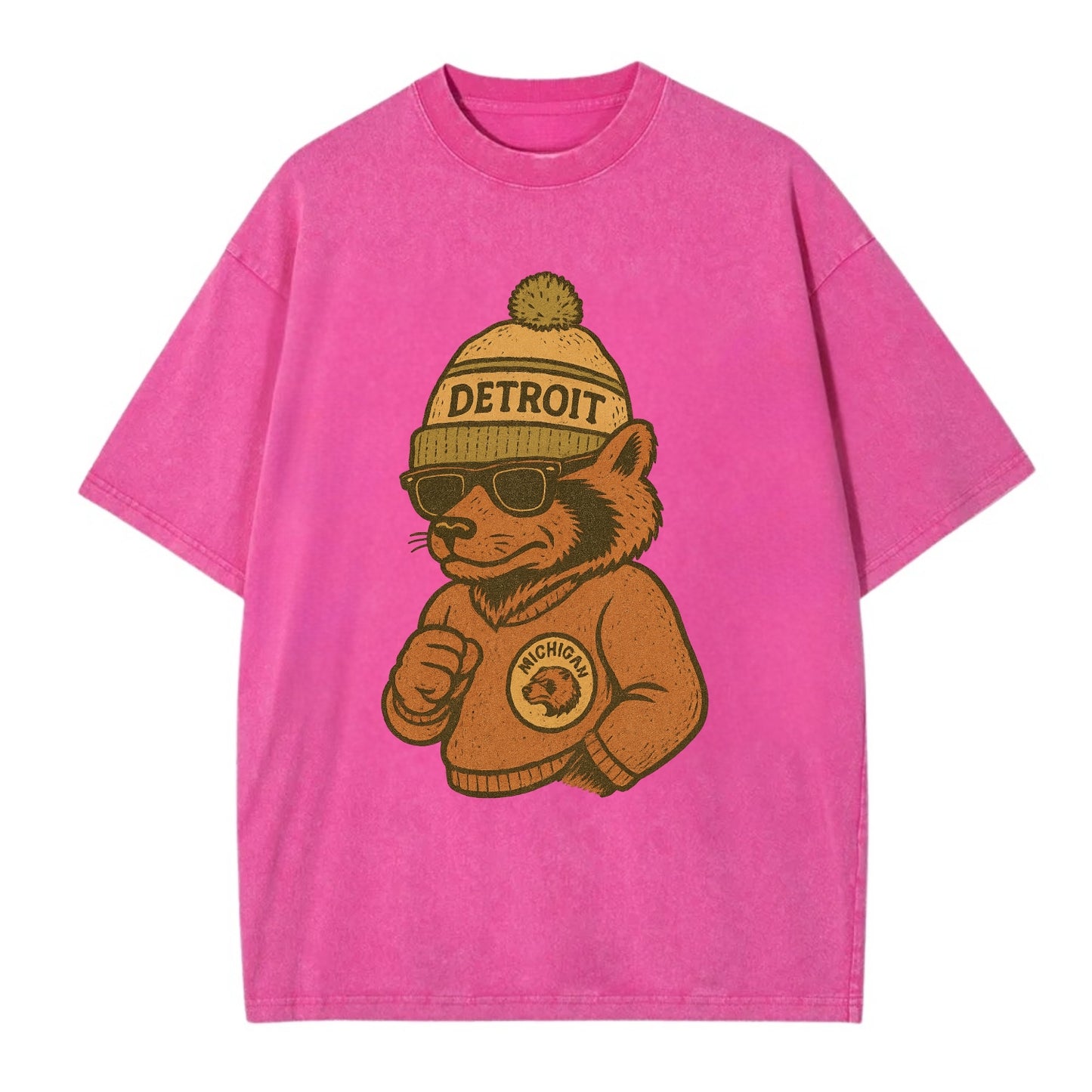 Michigan Wolverine wearing Detroit beanie with pom pom and wayfarer sunglasses - Vintage T-shirt - Dusty Rose(Rose)