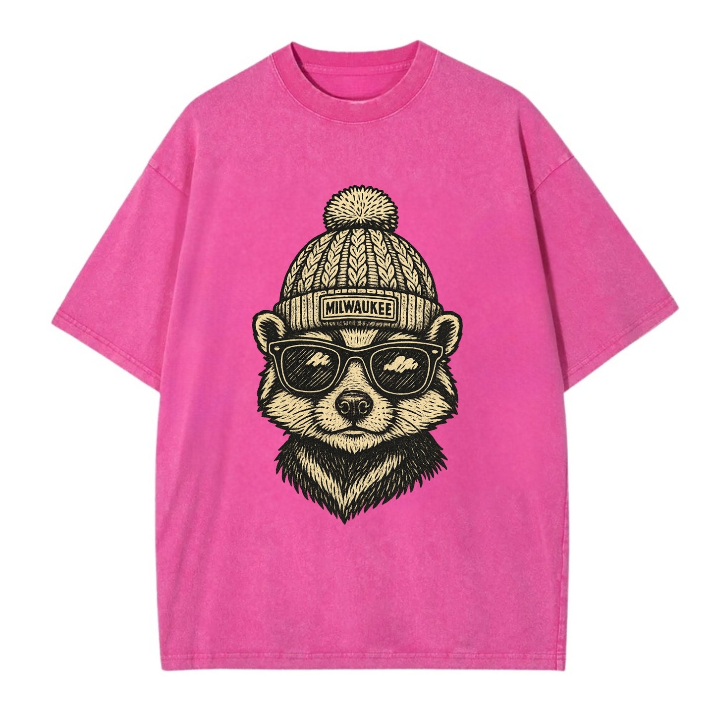 Wisconsin Badger wearing Milwaukee beanie with pom pom and wayfarer sunglasses - Vintage T-shirt - Dusty Rose(Rose)