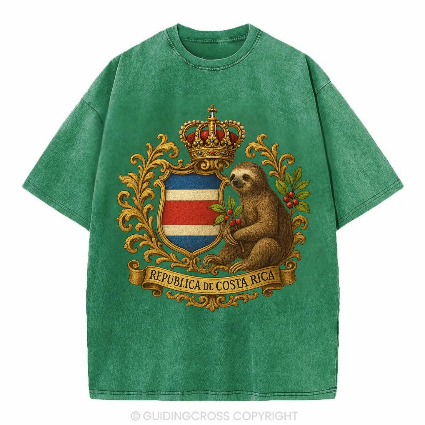Costa Rica Sloth Emblem - Vintage T-shirt - Forest Mist(Green)