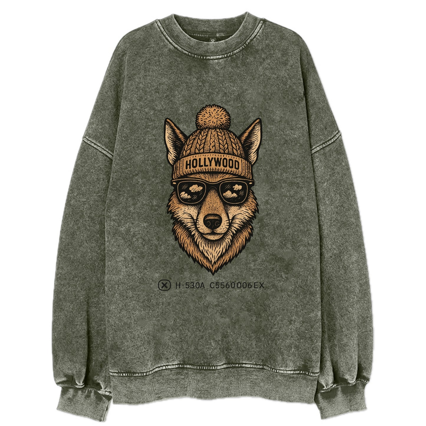 LA Coyote wearing Hollywood beanie with pom pom and wayfarer sunglasses - Vintage Sweatshirt - Forest Mist(Green)