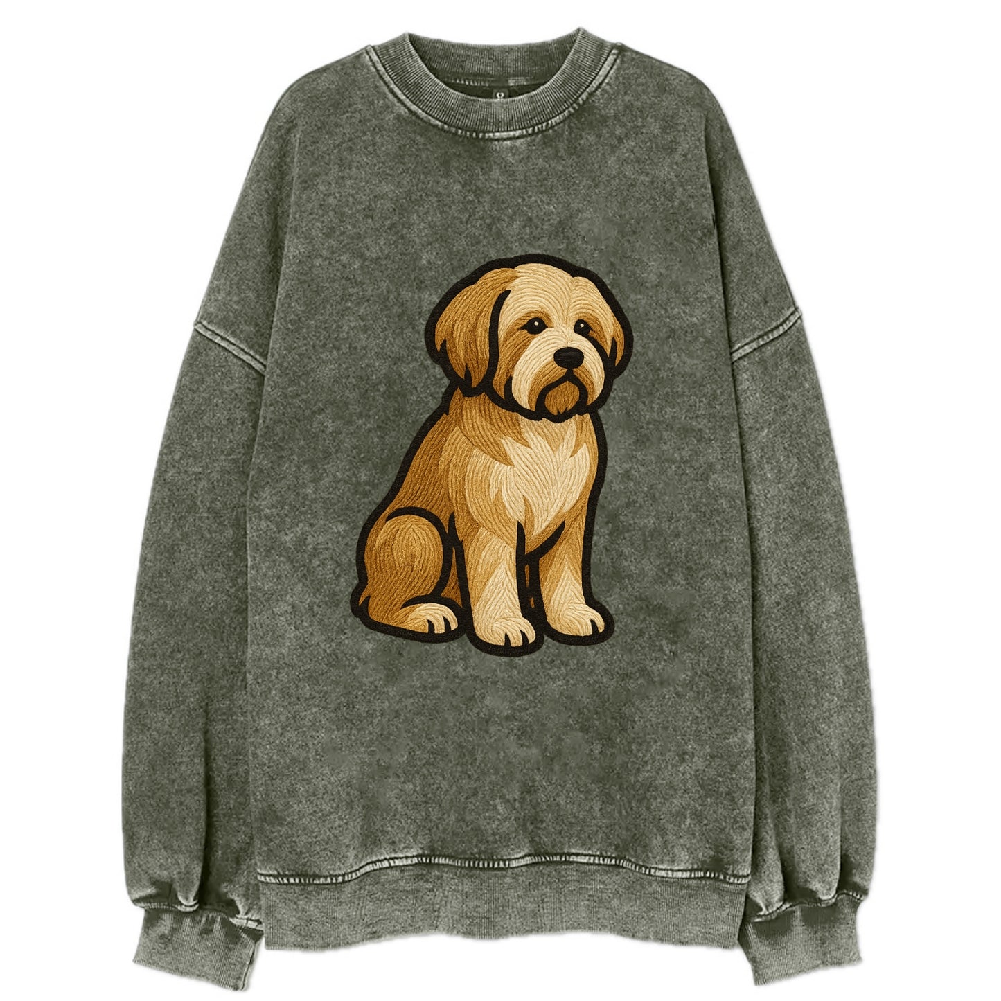 Tibetan Terrier - Gold and white embroidered sitting pose - Vintage Sweatshirt - Forest Mist(Green)