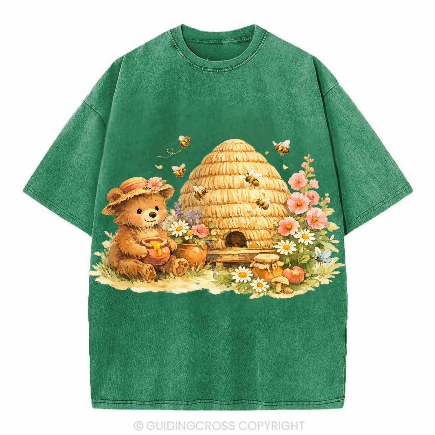 SKEP HIVE | Traditional straw beehive | Cottage garden setting | Buzzing activity - Vintage T-shirt - Forest Mist(Green)