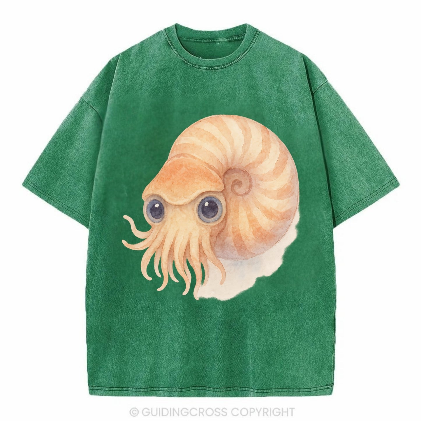 Baby Nautilus - spiral shell, tentacles peeking, ancient eyes, front-facing, - Vintage T-shirt - Forest Mist(Green)