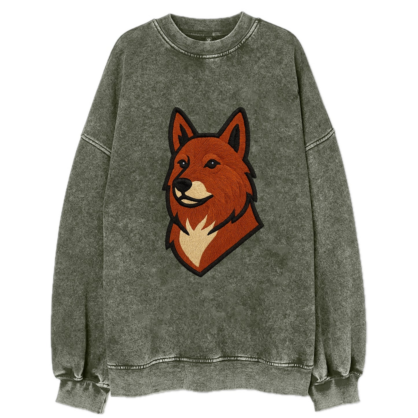 Finnish Spitz - Fox-red pointed ears embroidered pose - Vintage Sweatshirt - Forest Mist(Green)