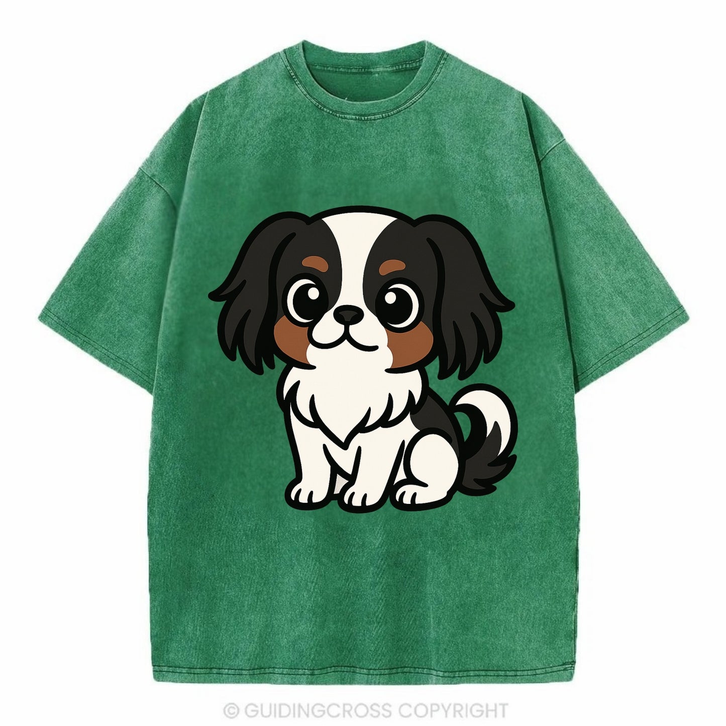 Japanese Chin - Black and white sitting pose - Vintage T-shirt - Forest Mist(Green)