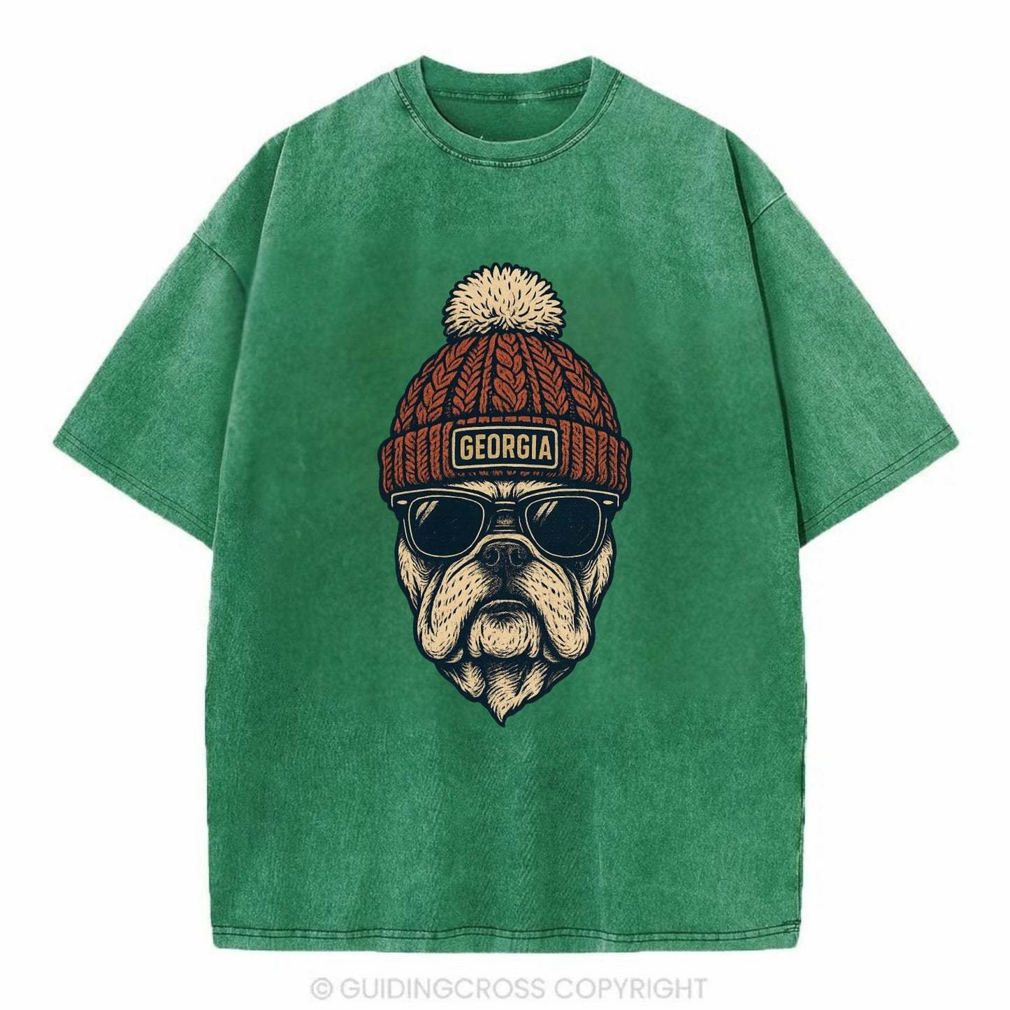 Athens Bulldog wearing Georgia beanie wi - Vintage T-shirt - Forest Mist(Green)