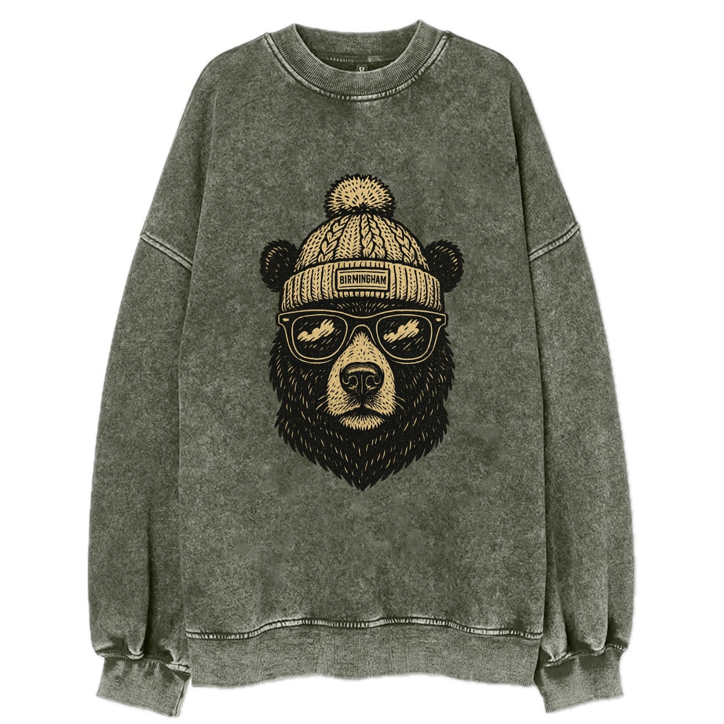 Alabama Black Bear wearing Birmingham beanie with pom pom and wayfarer - Vintage Sweatshirt - Forest Mist(Green)