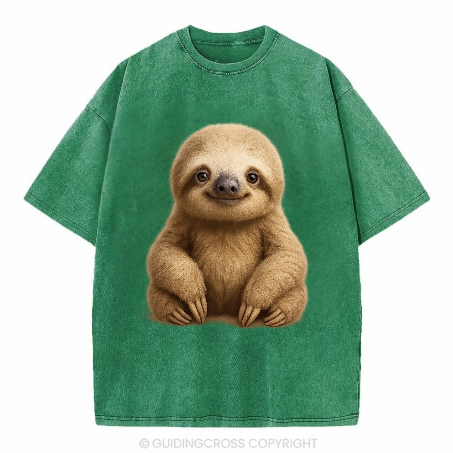 Baby Sloth - tan fur, long arms, peaceful smile, gentle eyes, front-facing, zen - Vintage T-shirt - Forest Mist(Green)