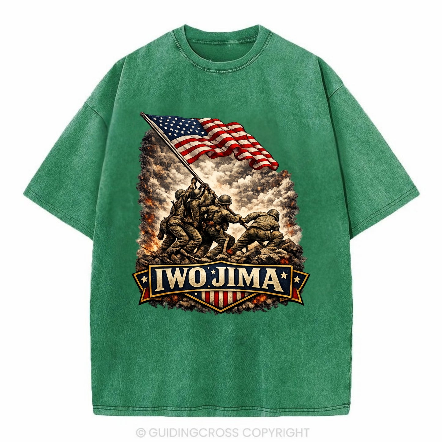 Iwo Jima Flag Raising - Vintage T-shirt - Forest Mist(Green)
