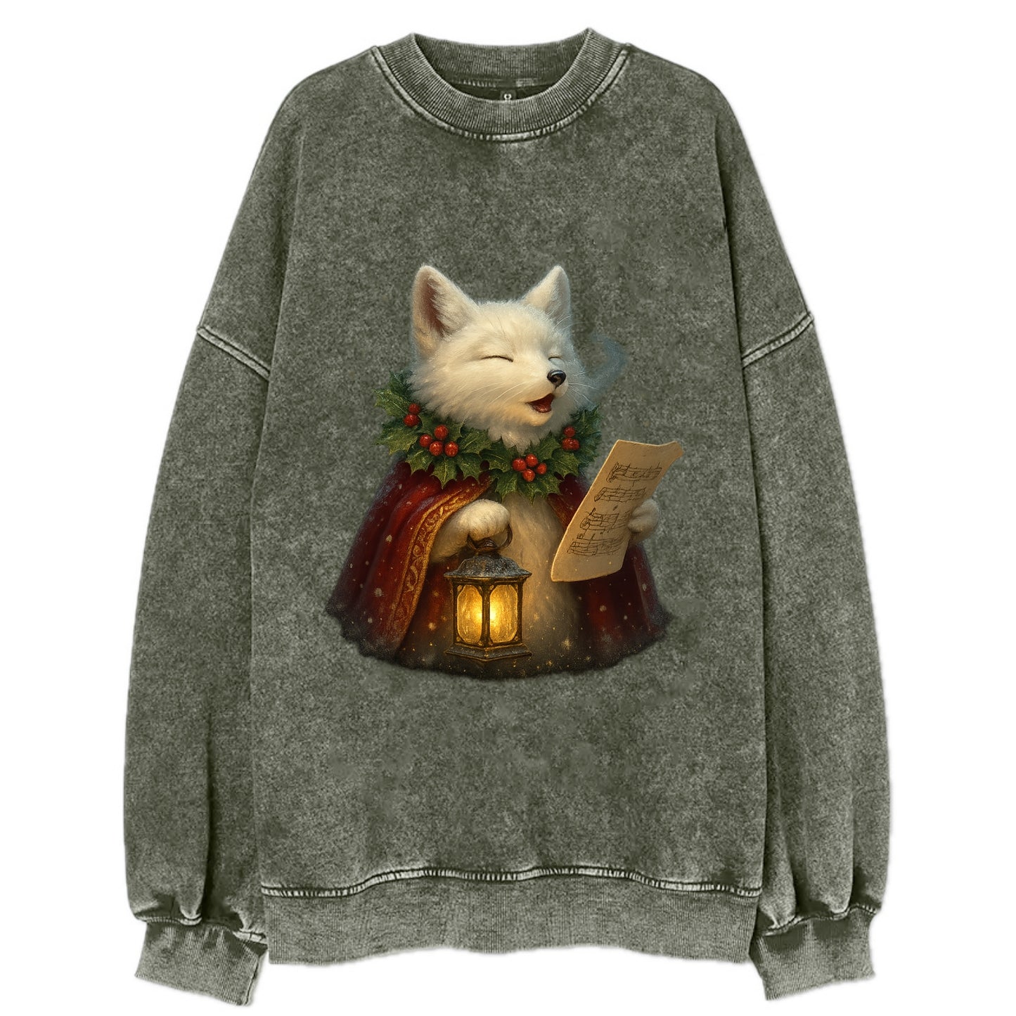Snowbound Arctic Fox Caroler - Vintage Sweatshirt - Forest Mist(Green)