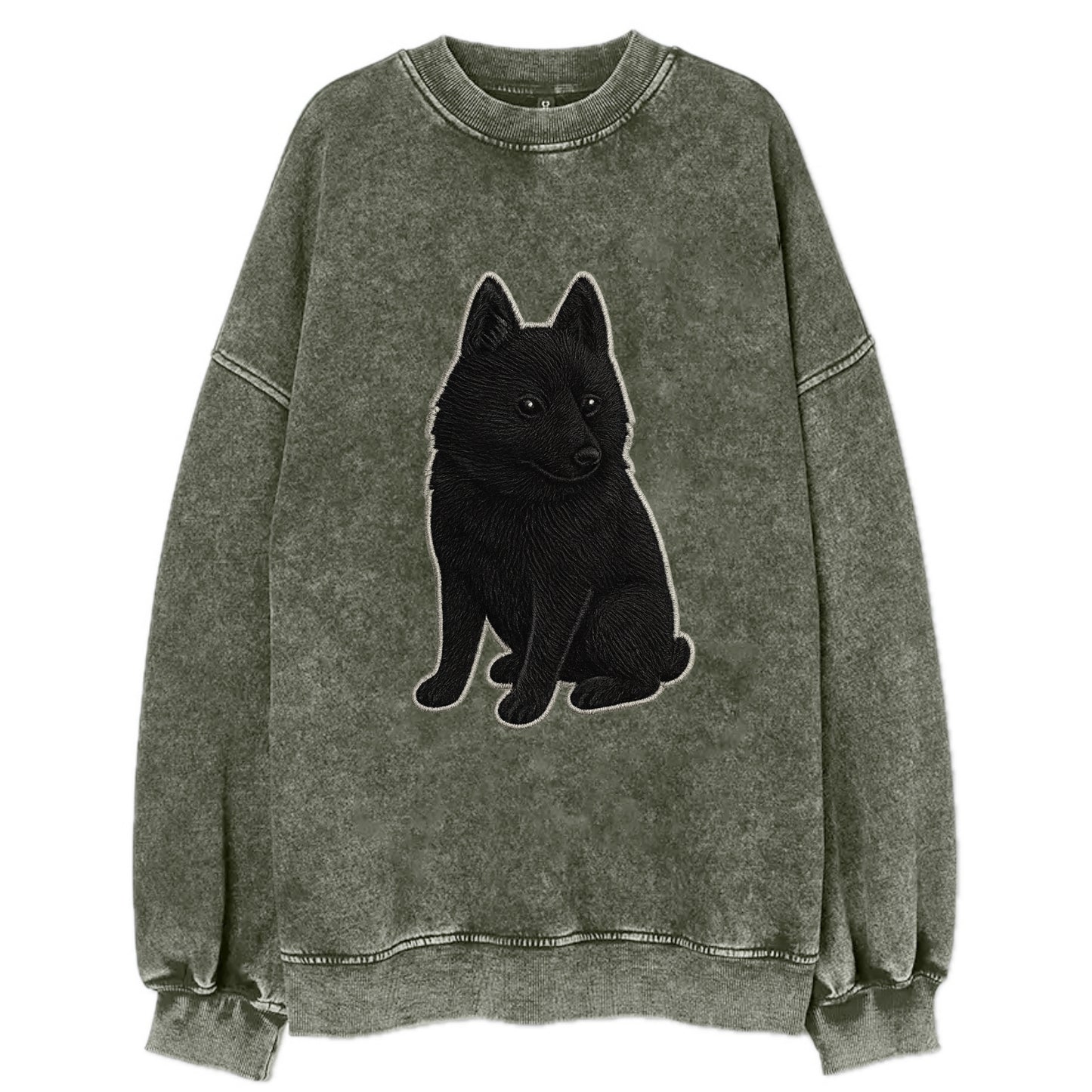 Schipperke - Solid black small embroidered sitting pose - Vintage Sweatshirt - Forest Mist(Green)