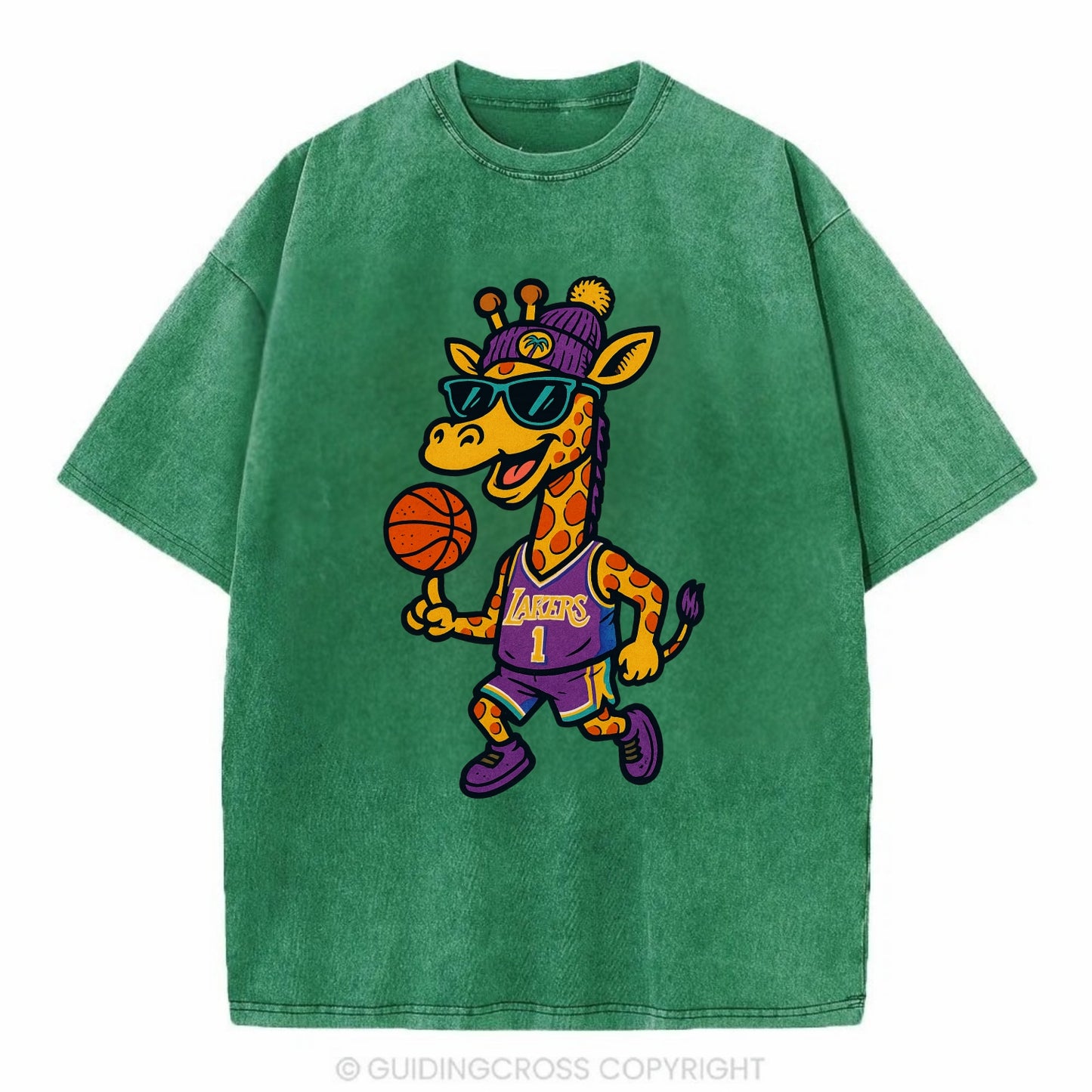 California Giraffe wearing Lakers beanie with palm tree patch and wayfarer - Vintage T-shirt - Forest Mist(Green)