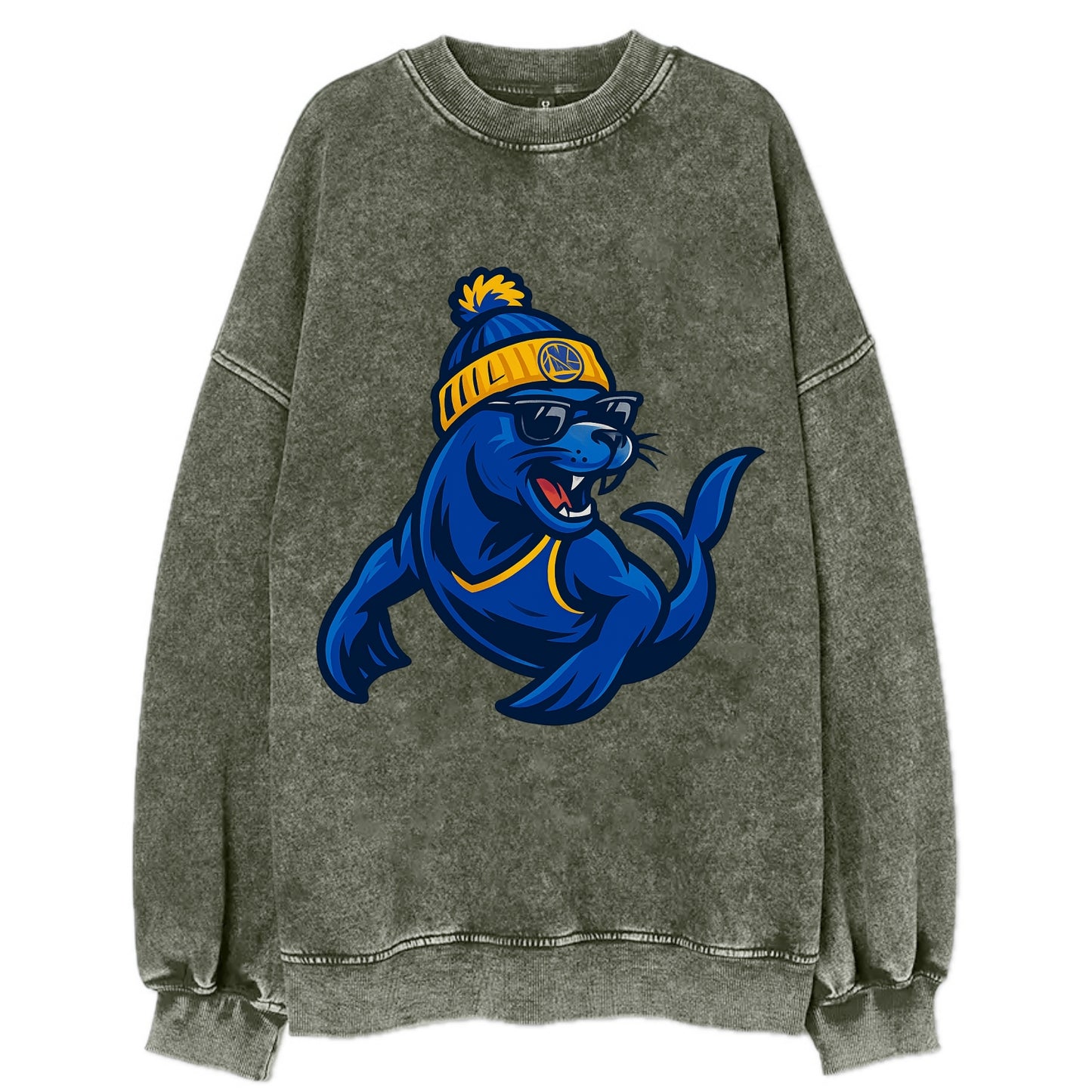 Bay Area Sea Lion wearing Warriors blue and gold beanie with Golden Gate and - Vintage Sweatshirt - Forest Mist(Green)