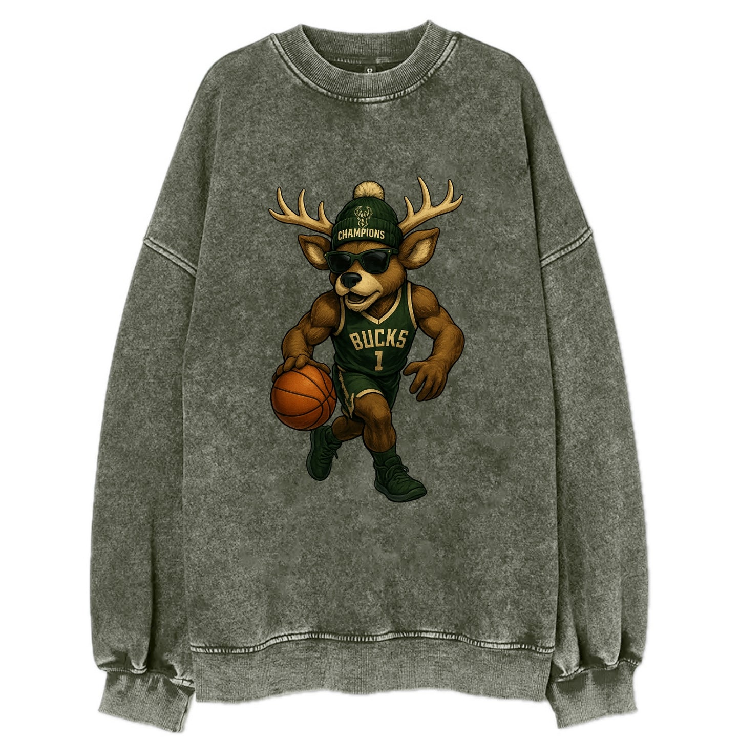 Milwaukee Buck Deer wearing Bucks green and cream beanie with antlers and - Vintage Sweatshirt - Forest Mist(Green)