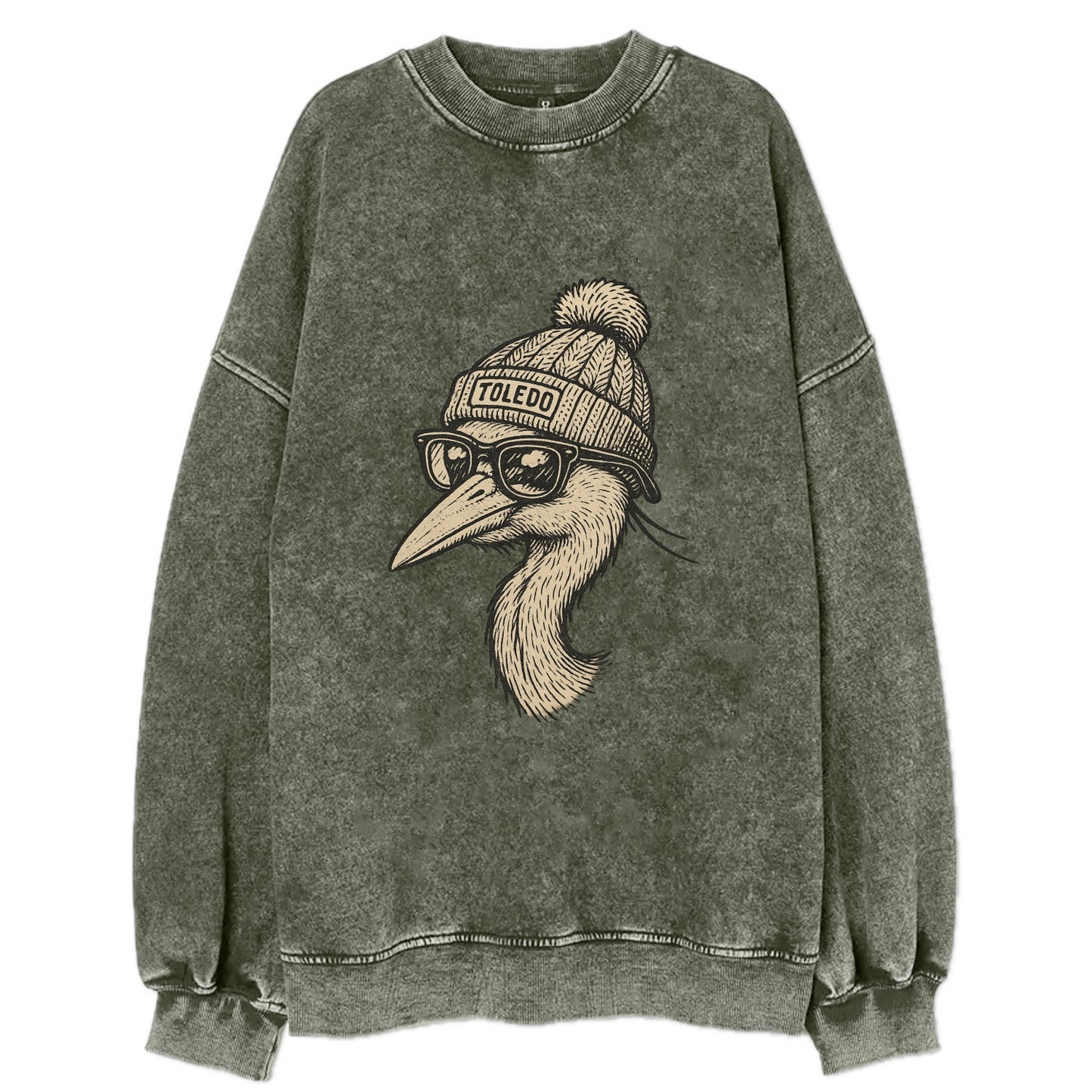 Toledo Great Blue Heron wearing Toledo beanie with pom pom and wayfarer - Vintage Sweatshirt - Forest Mist(Green)