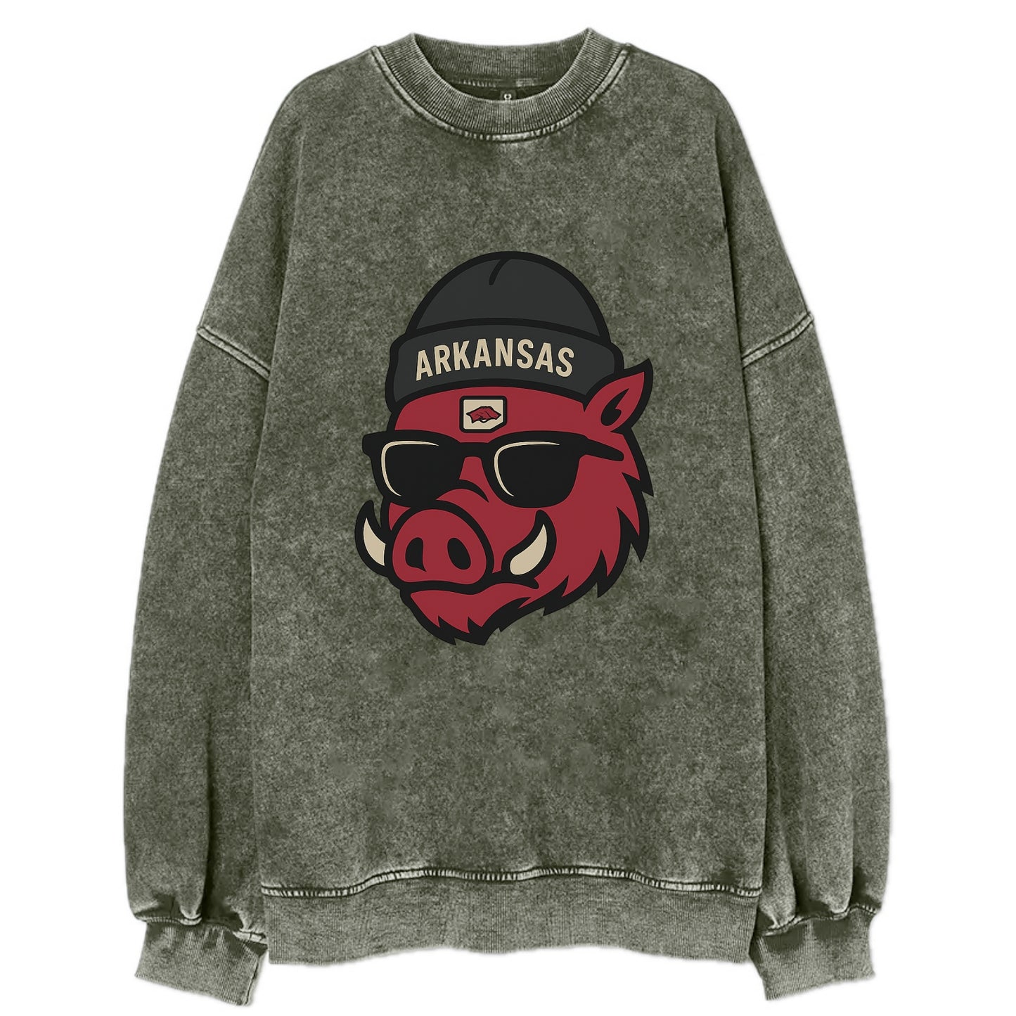Fayetteville Razorback wearing Arkansas beanie with hog patch - Vintage Sweatshirt - Forest Mist(Green)