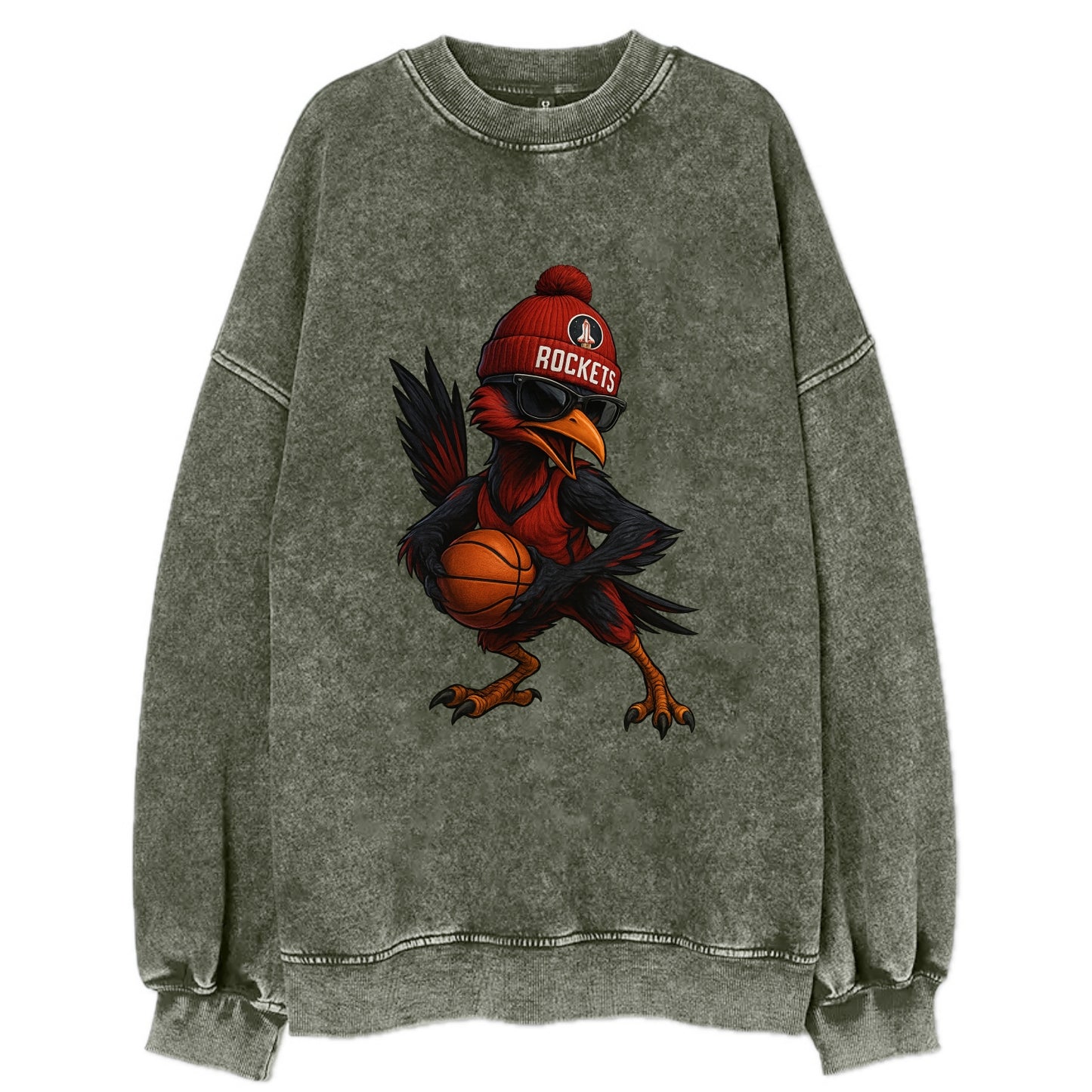 Houston Roadrunner wearing Rockets beanie with launch pad patch and wayfarer - Vintage Sweatshirt - Forest Mist(Green)
